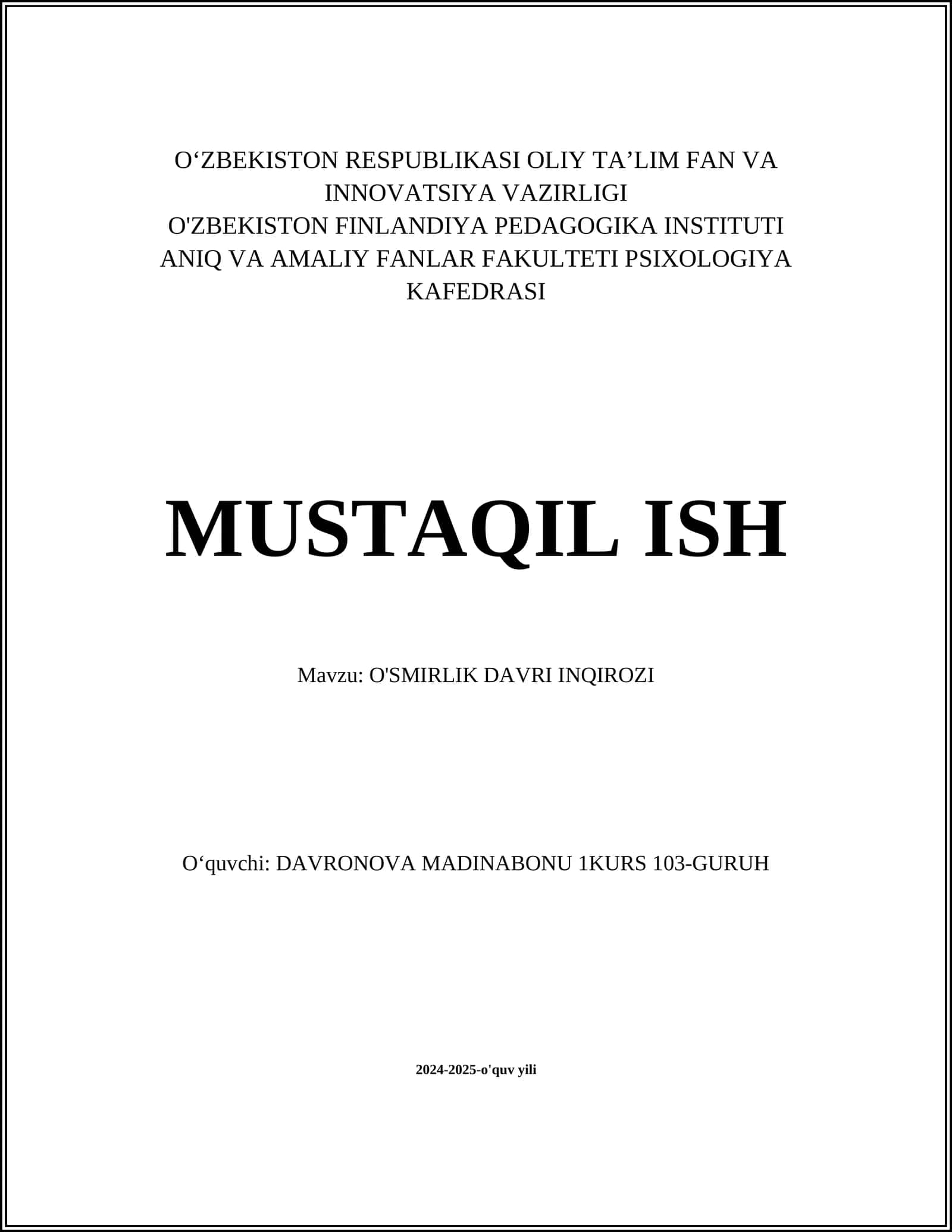 O'SMIRLIK DAVRI INQIROZI 1