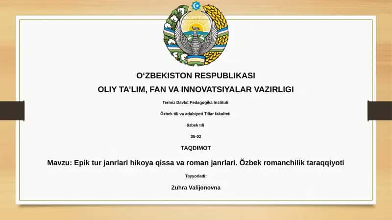 Epik tur janrlari hikoya qissa va roman janrlari. Õzbek romanchilik taraqqiyoti 1