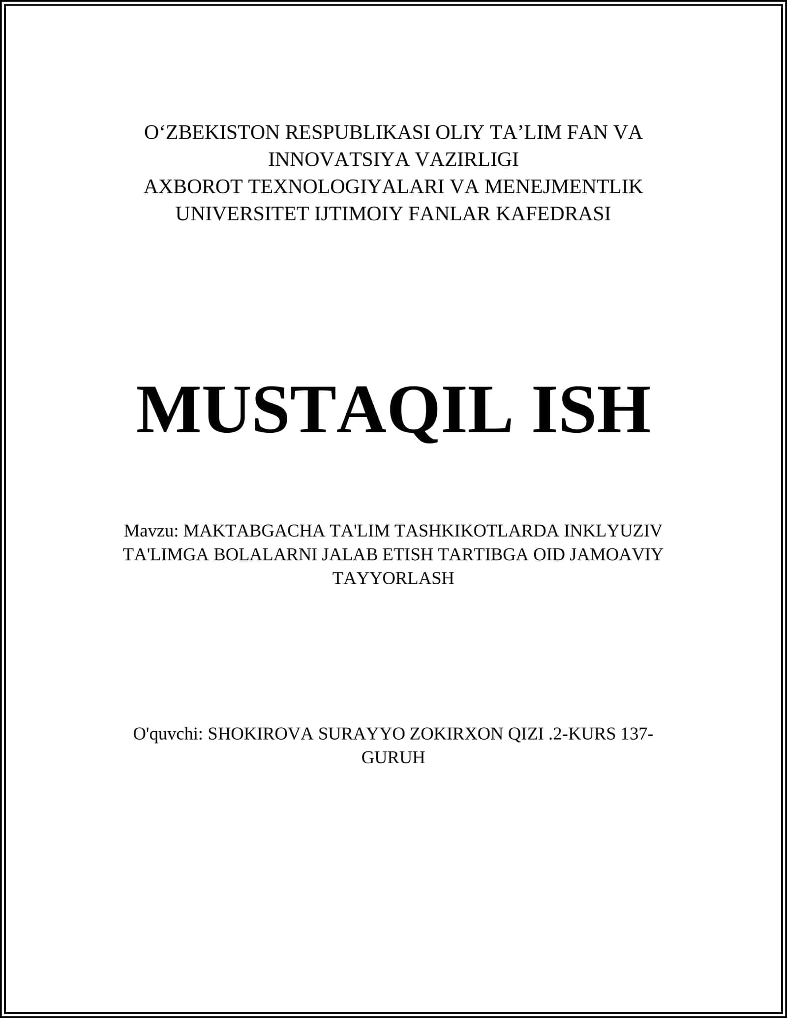 MAKTABGACHA TA'LIM TASHKIKOTLARDA INKLYUZIV TA'LIMGA BOLALARNI JALAB ETISH TARTIBGA OID JAMOAVIY TAYYORLASH 1