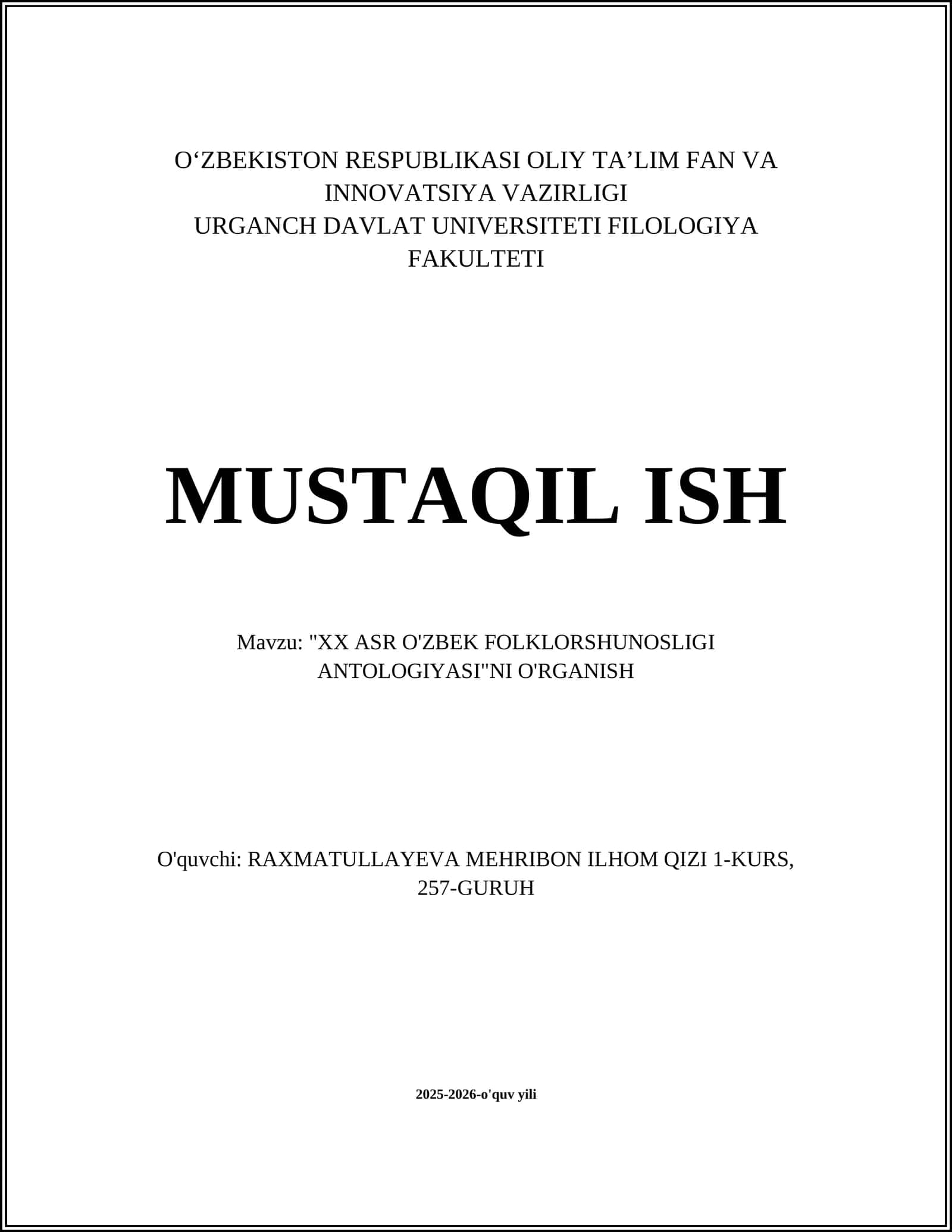 "XX ASR O'ZBEK FOLKLORSHUNOSLIGI ANTOLOGIYASI"NI O'RGANISH 1