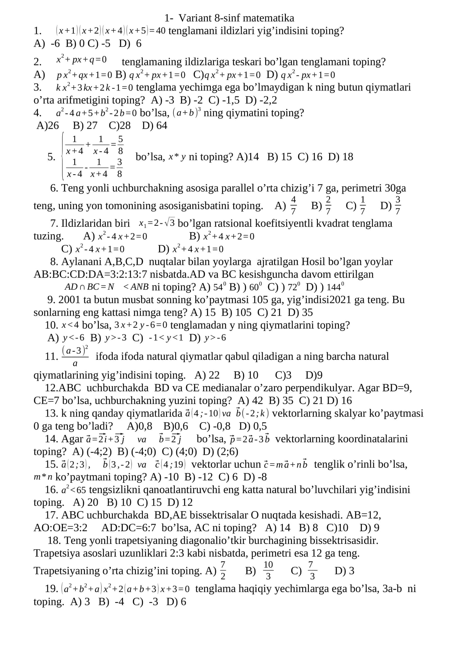 Variant 8-sinf matematika 1