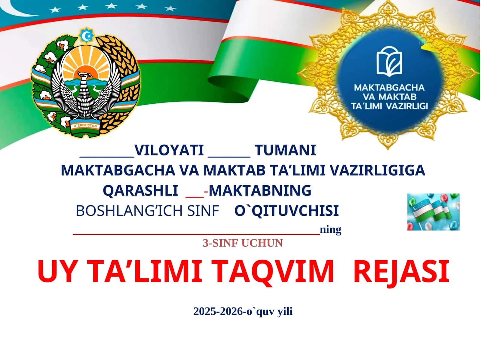 Uy ta'limi taqvim rejasi 2025-2026-o`quv yili 1