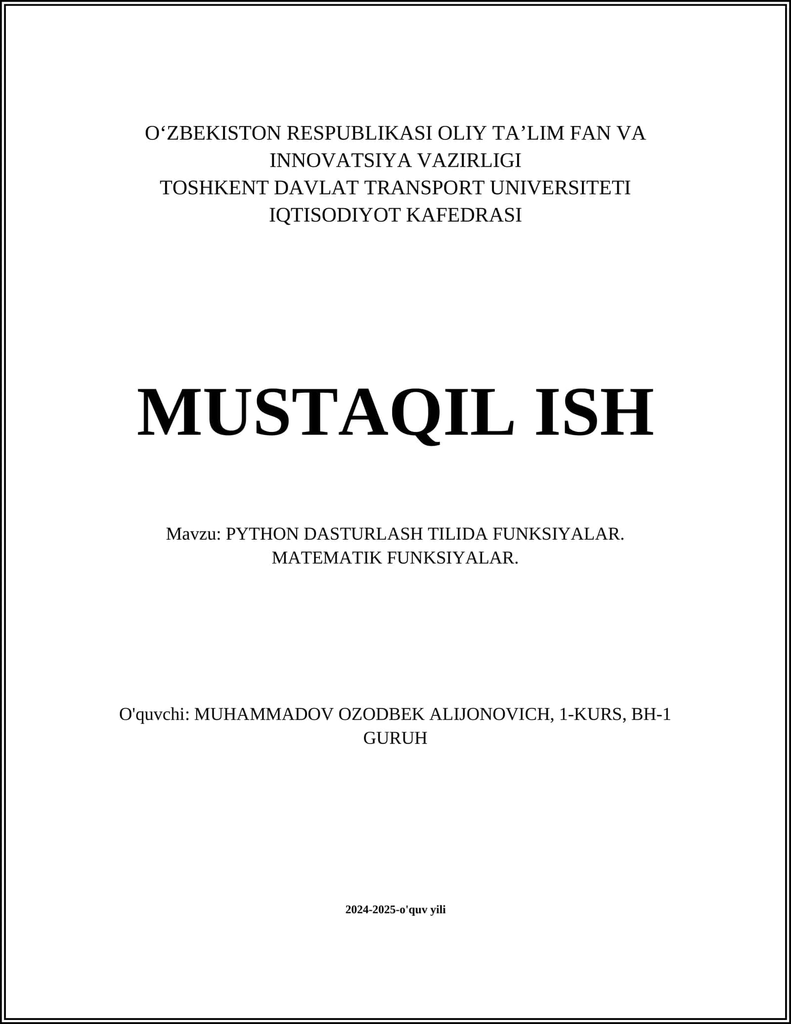 PYTHON DASTURLASH TILIDA FUNKSIYALAR 1