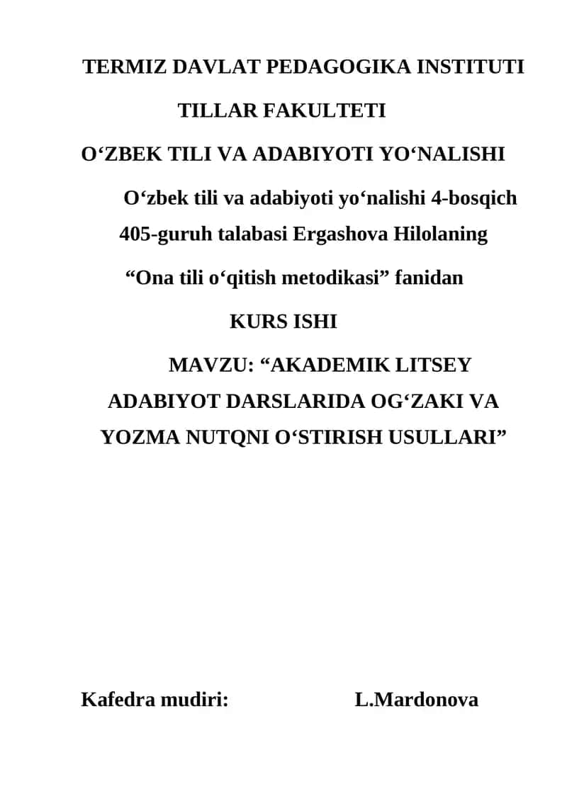 AKADEMIK LITSEY ADABIYOT DARSLARIDA OG‘ZAKI VA YOZMA NUTQNI O‘STIRISH USULLARI 1