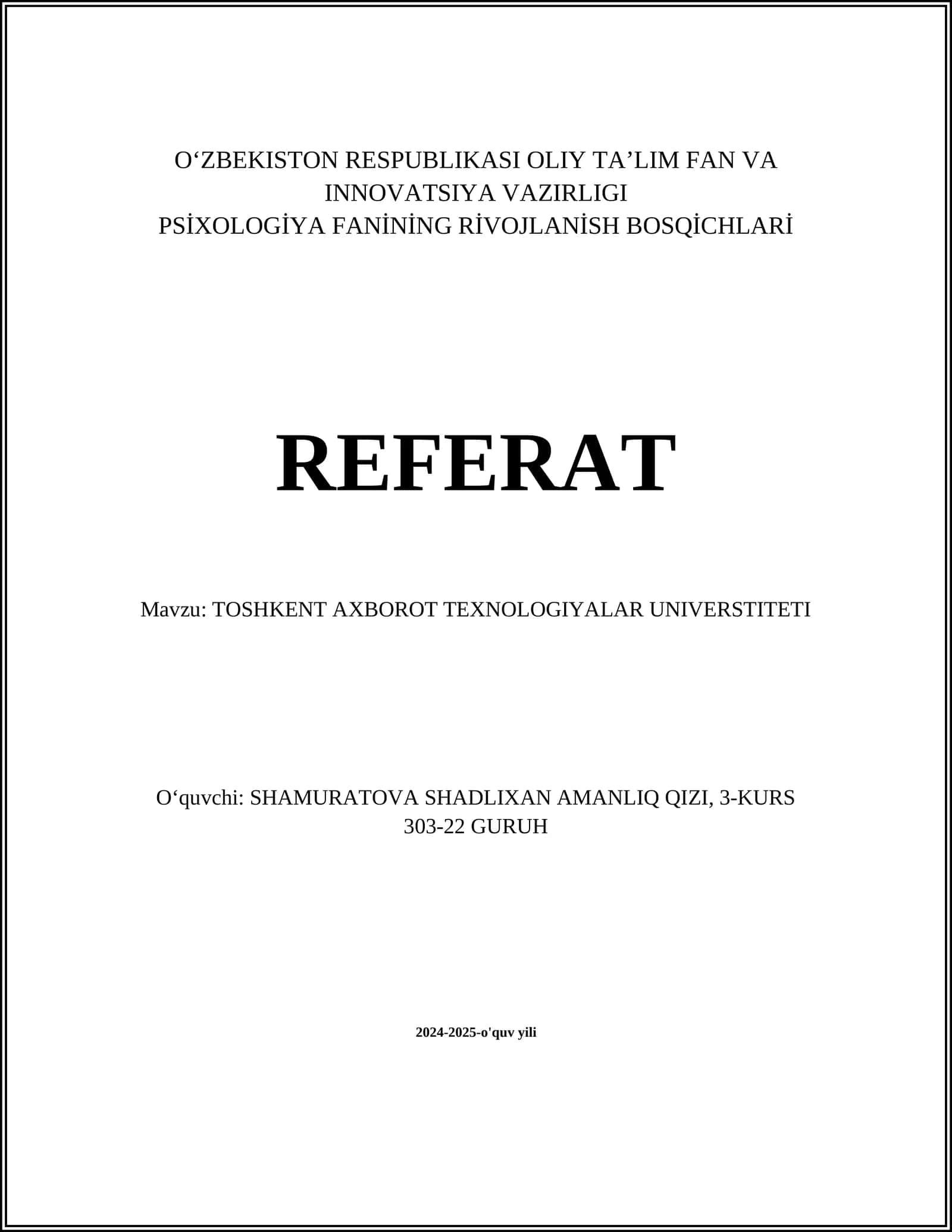 Toshkent Axborot Texnologiyalari Universiteti Referat 1