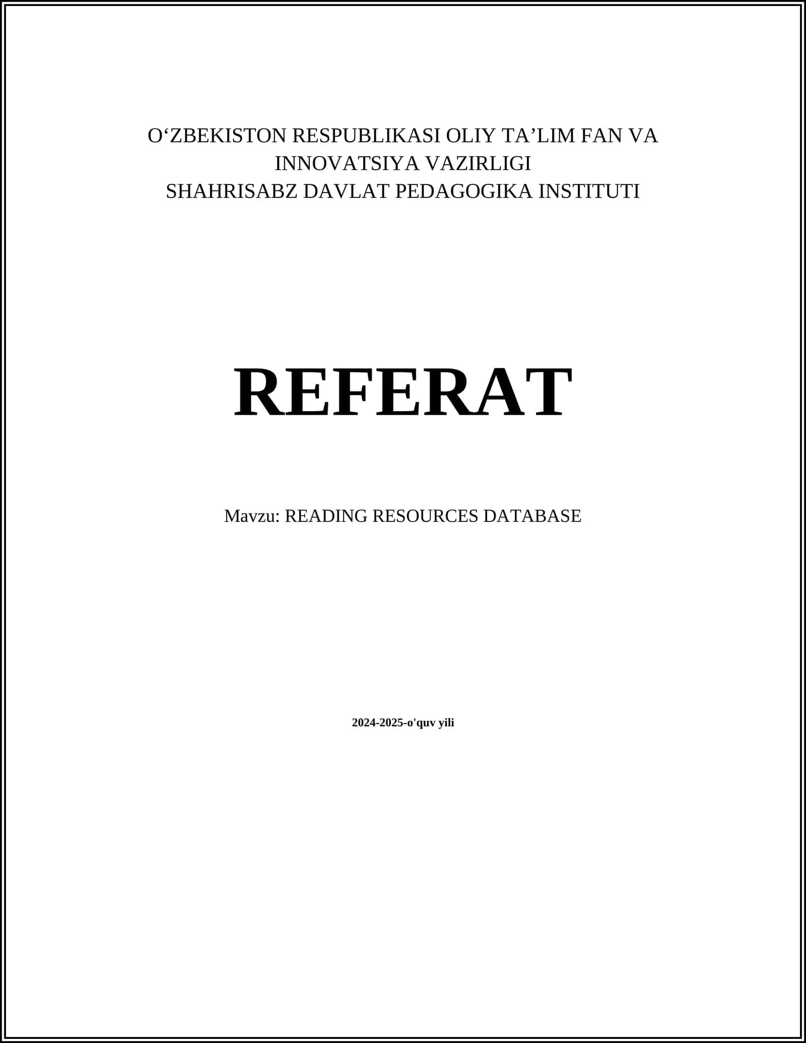 READING RESOURCES DATABASE 1