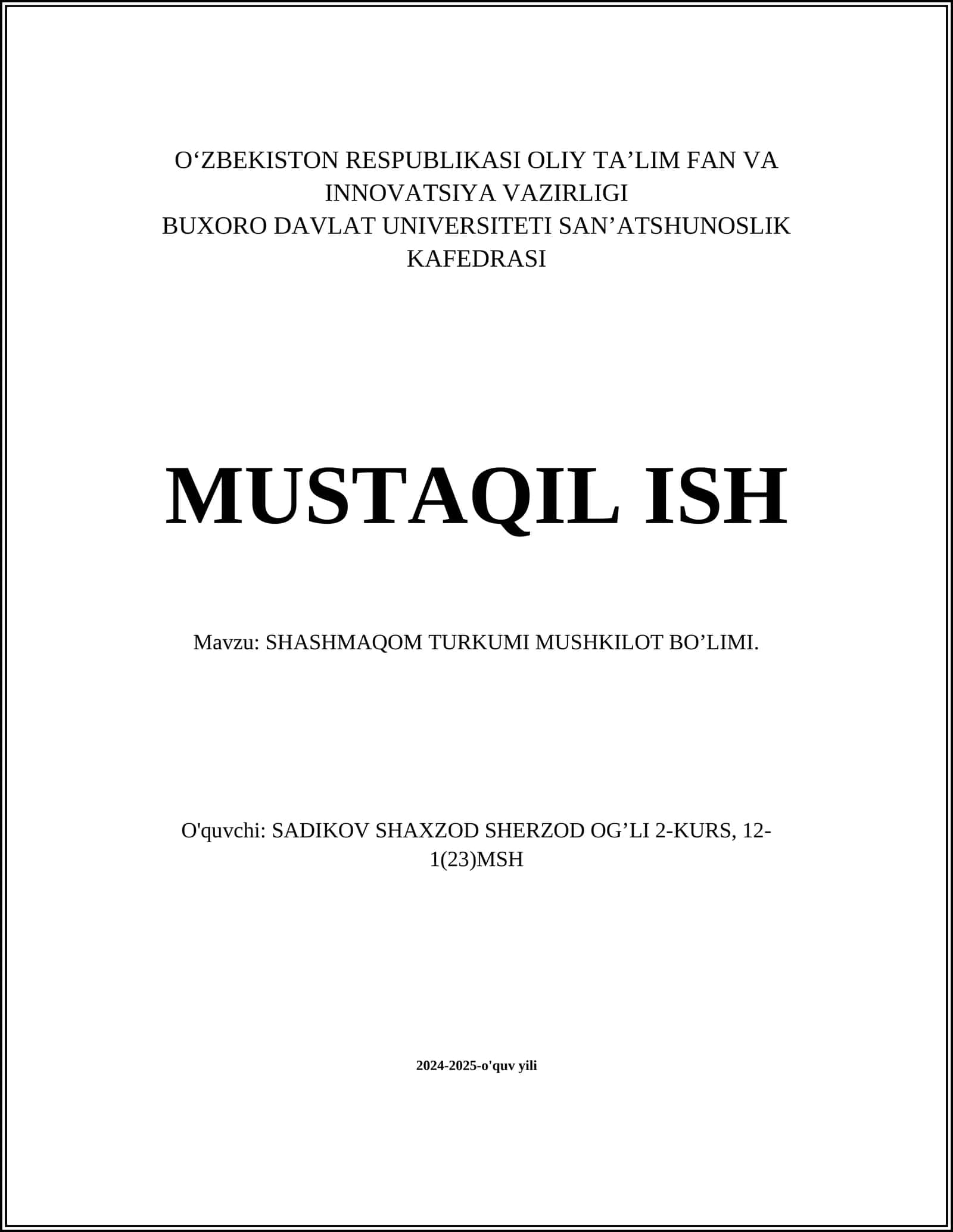 SHASHMAQOM TURKUMI MUSHKILOT BO’LIMI 1