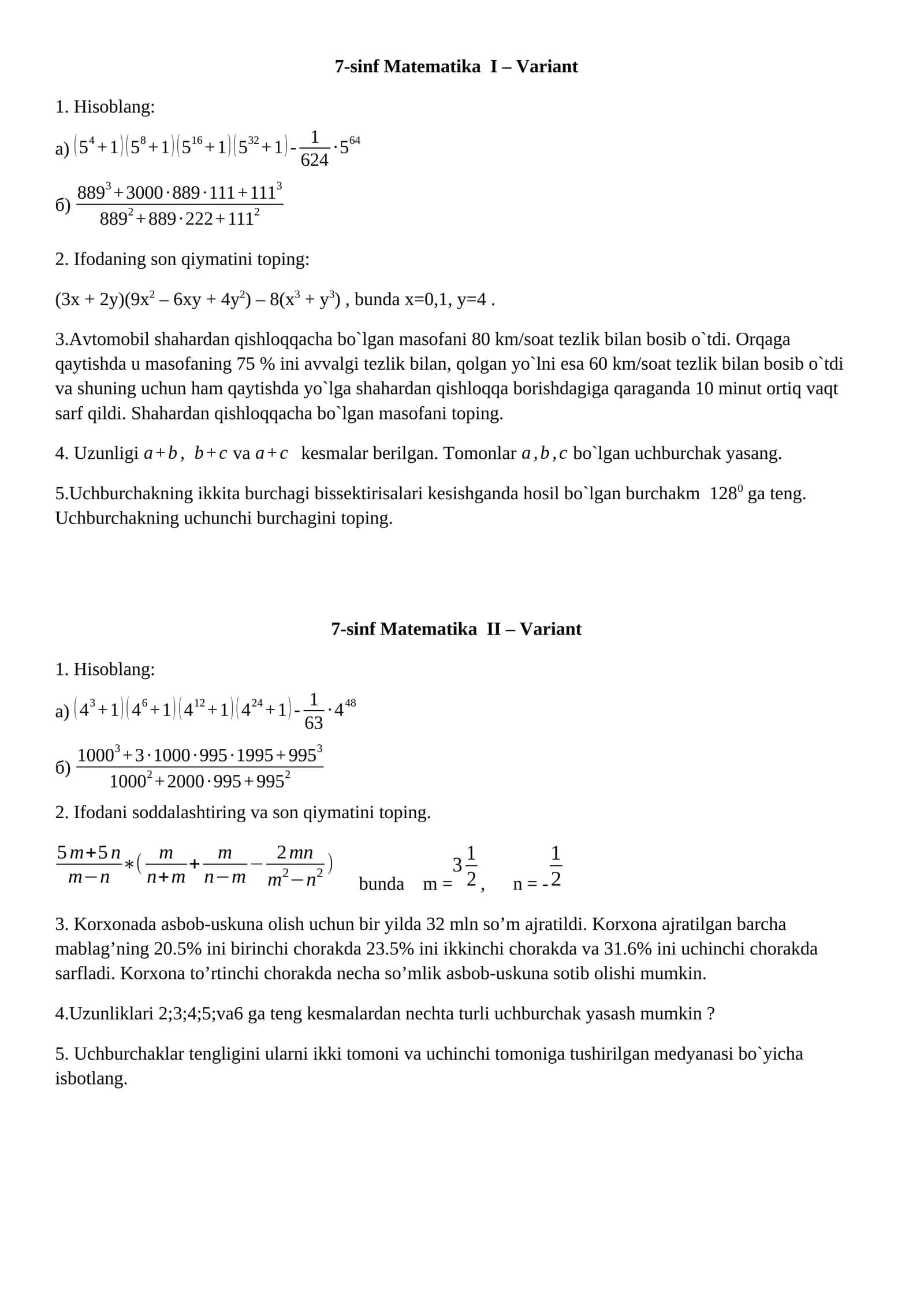 7-sinf Matematika I – Variant 1