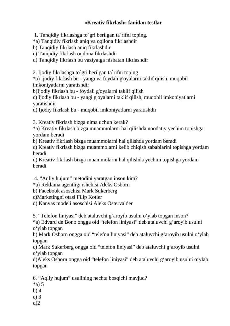 Kreativ fikrlash fanidan testlar 1