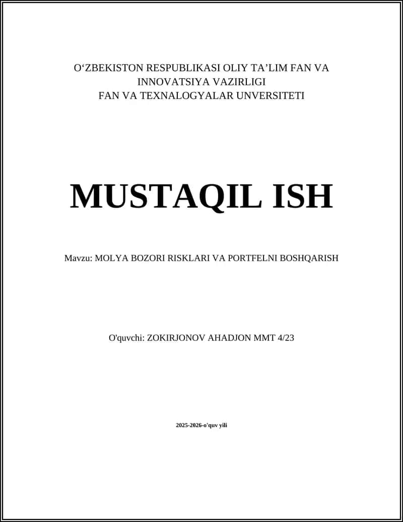 MOLYA BOZORI RISKLARI VA PORTFELNI BOSHQARISH 1