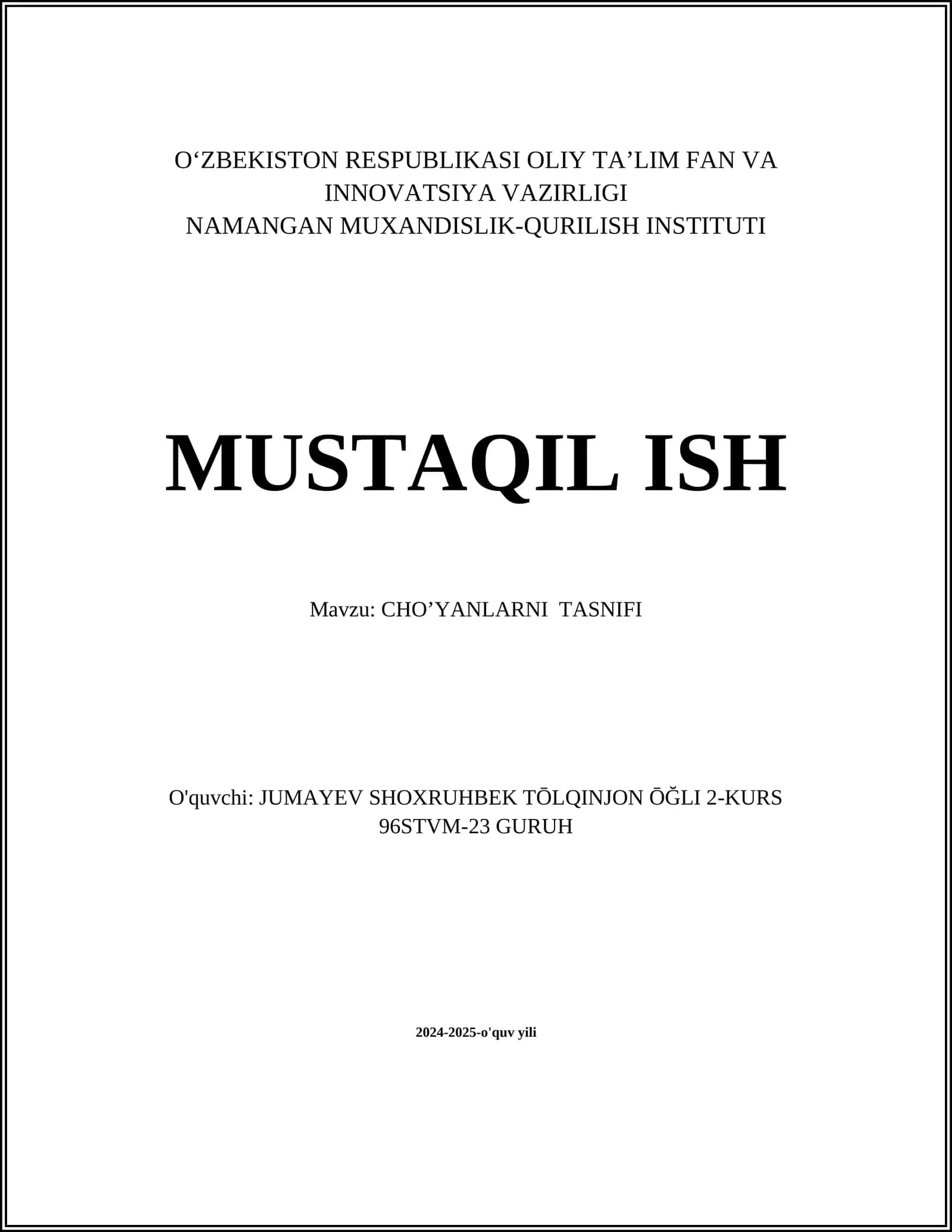 CHO’YANLARNI TASNIFI 1