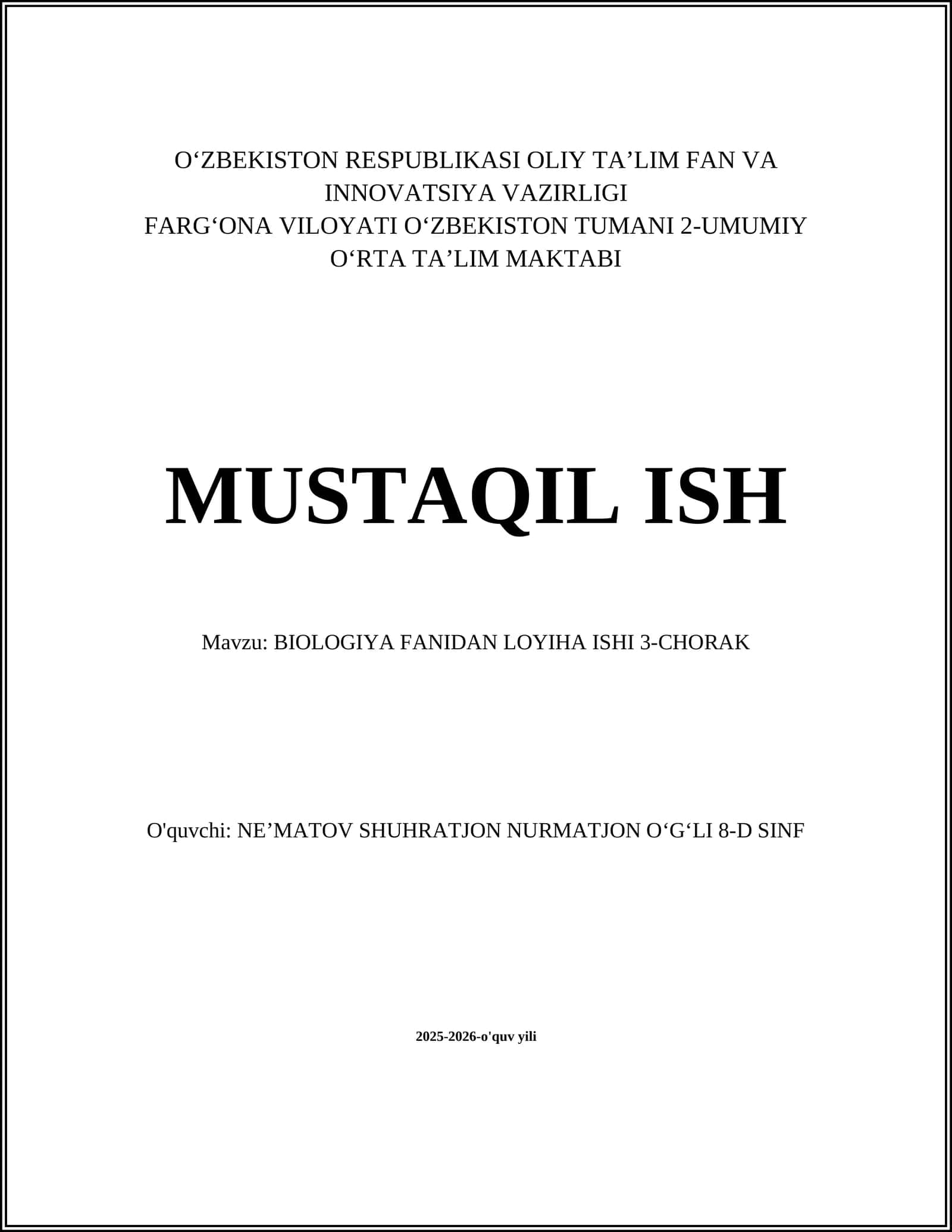BIOLOGIYA FANIDAN LOYIHA ISHI 3-CHORAK 1
