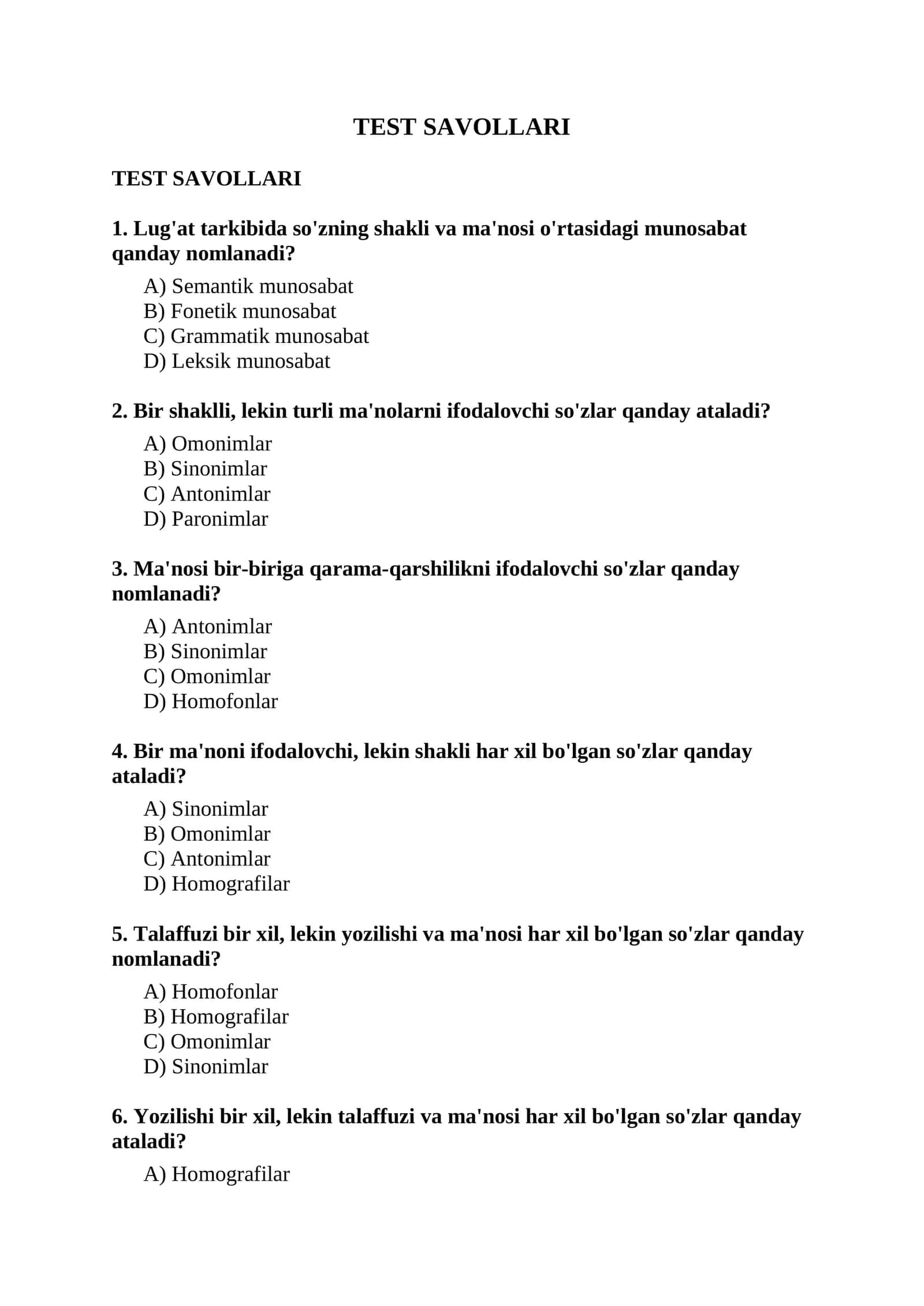 TEST SAVOLLARI 1