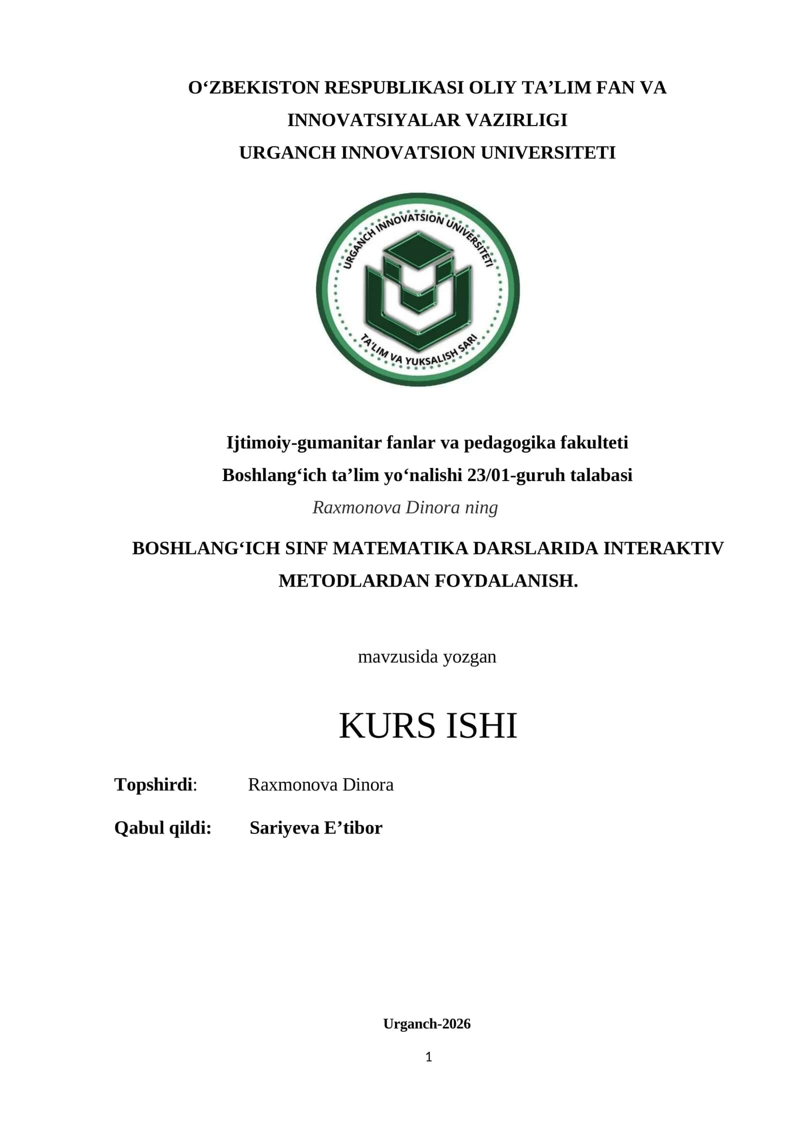 BOSHLANG‘ICH SINF MATEMATIKA DARSLARIDA INTERAKTIV METODLARDAN FOYDALANISH 1