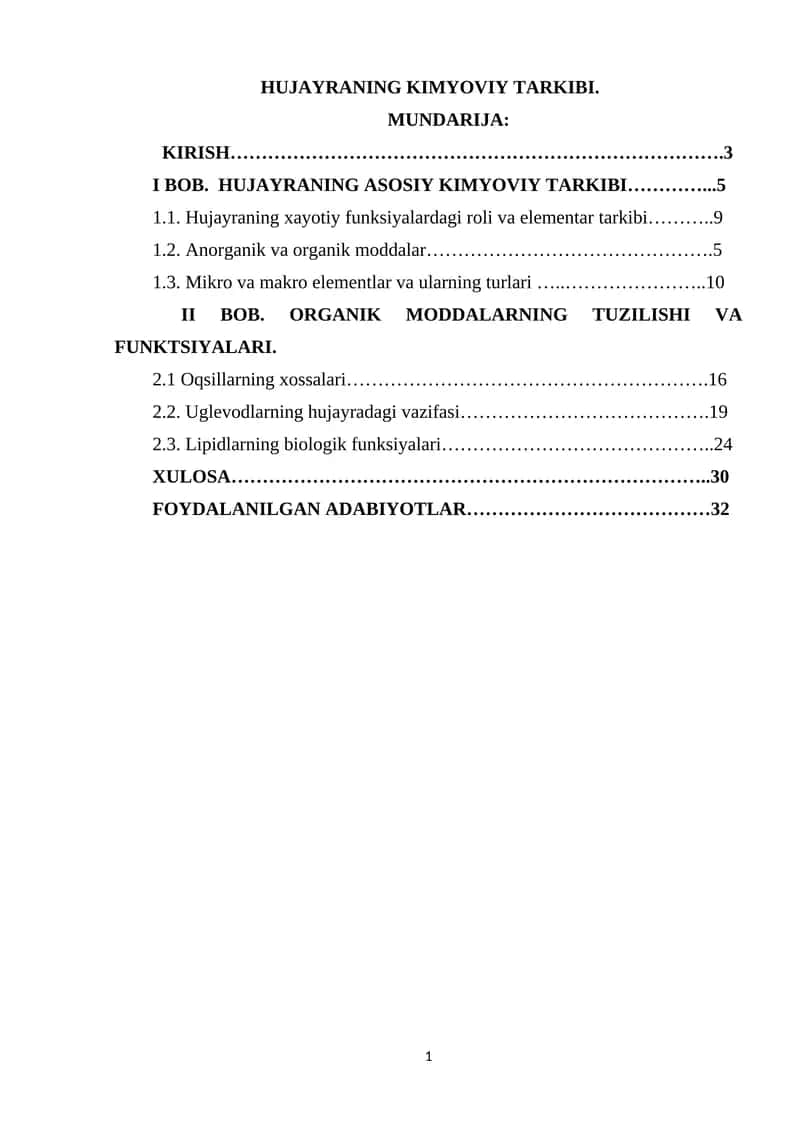 Hujayraning Kimyoviy Tarkibi 1