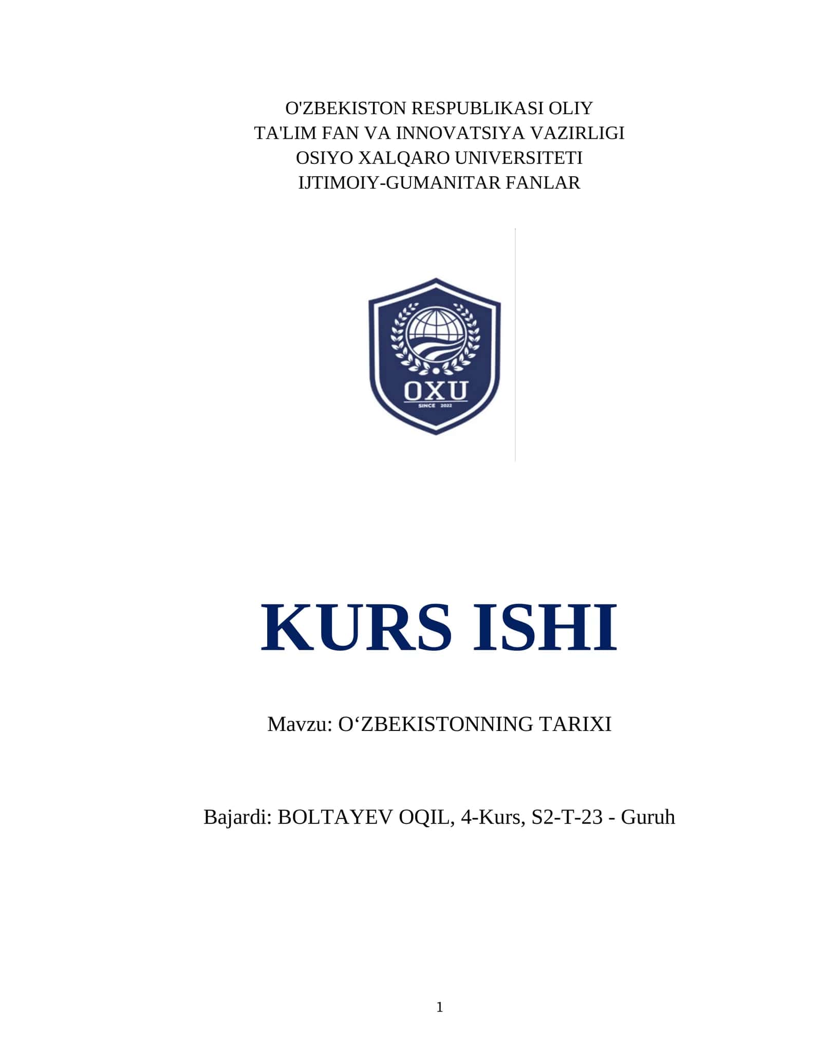 O'ZBEKISTONNING TARIXI 1
