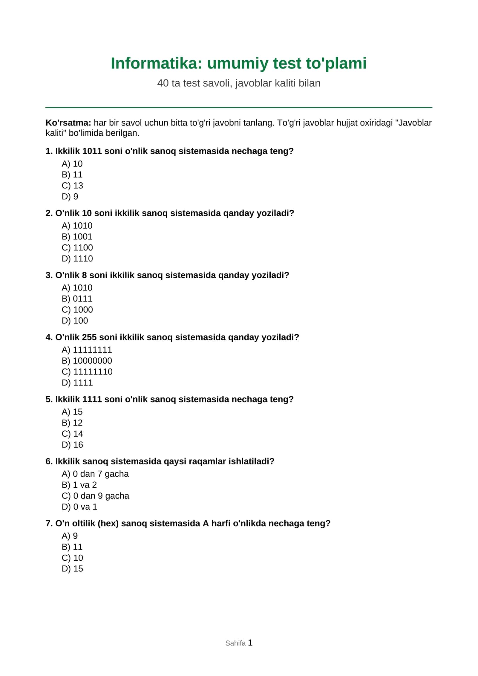 Informatika: Umumiy test to'plami 1