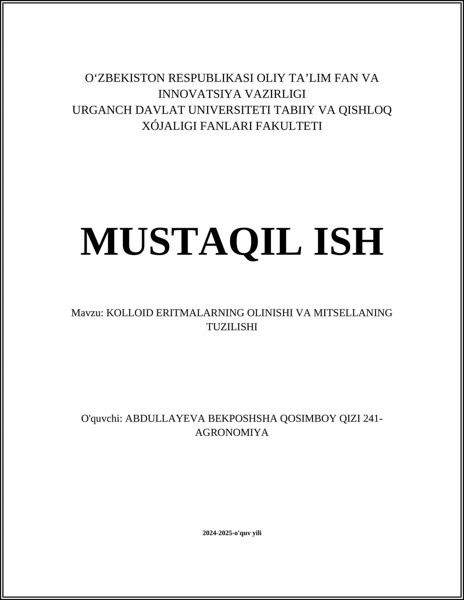 KOLLOID ERITMALARNING OLINISHI VA MITSELLANING TUZILISHI 1