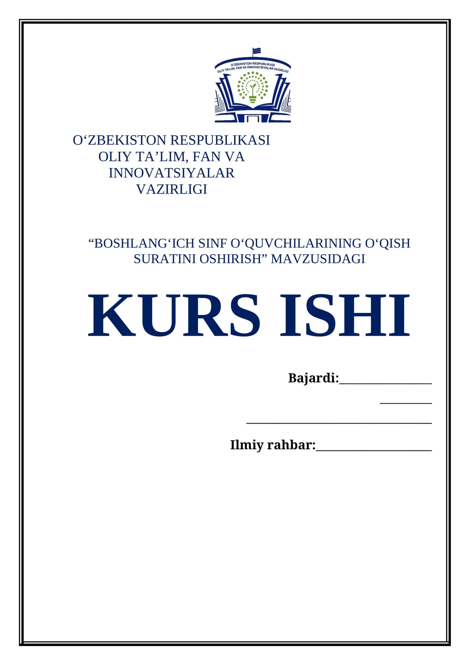 "BOSHLANGʻICH SINF OʻQUVCHILARINING OʻQISH SURATINI OSHIRISH" KURS ISHI 1