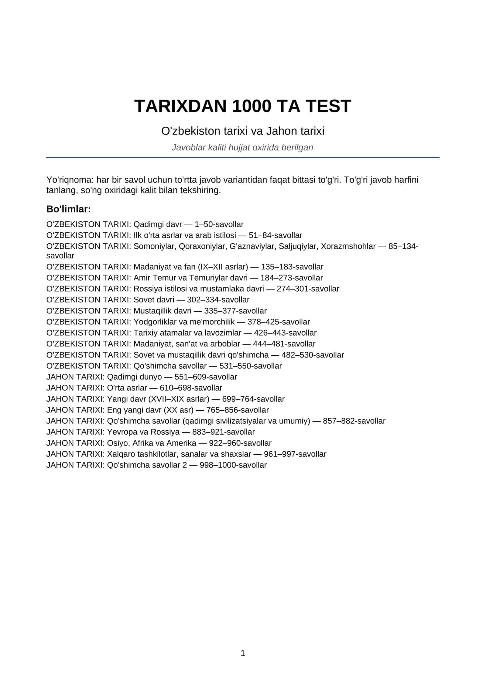 TARIXDAN 1000 TA TEST 1