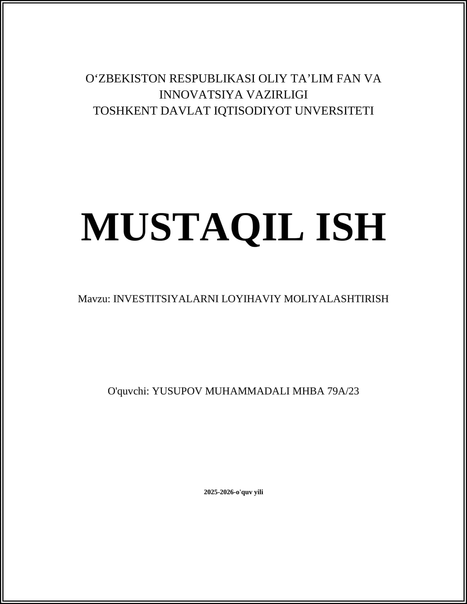 INVESTITSIYALARNI LOYIHAVIY MOLIYALASHTIRISH 1