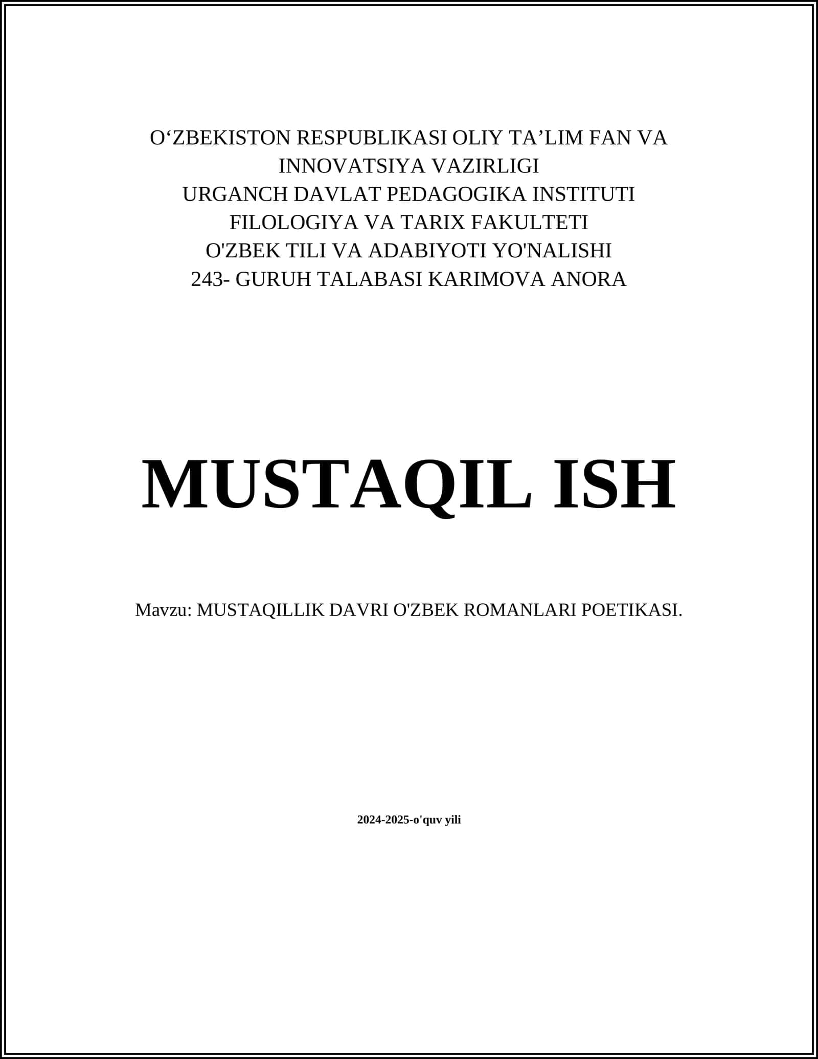 MUSTAQILLIK DAVRI O'ZBEK ROMANLARI POETIKASI 1