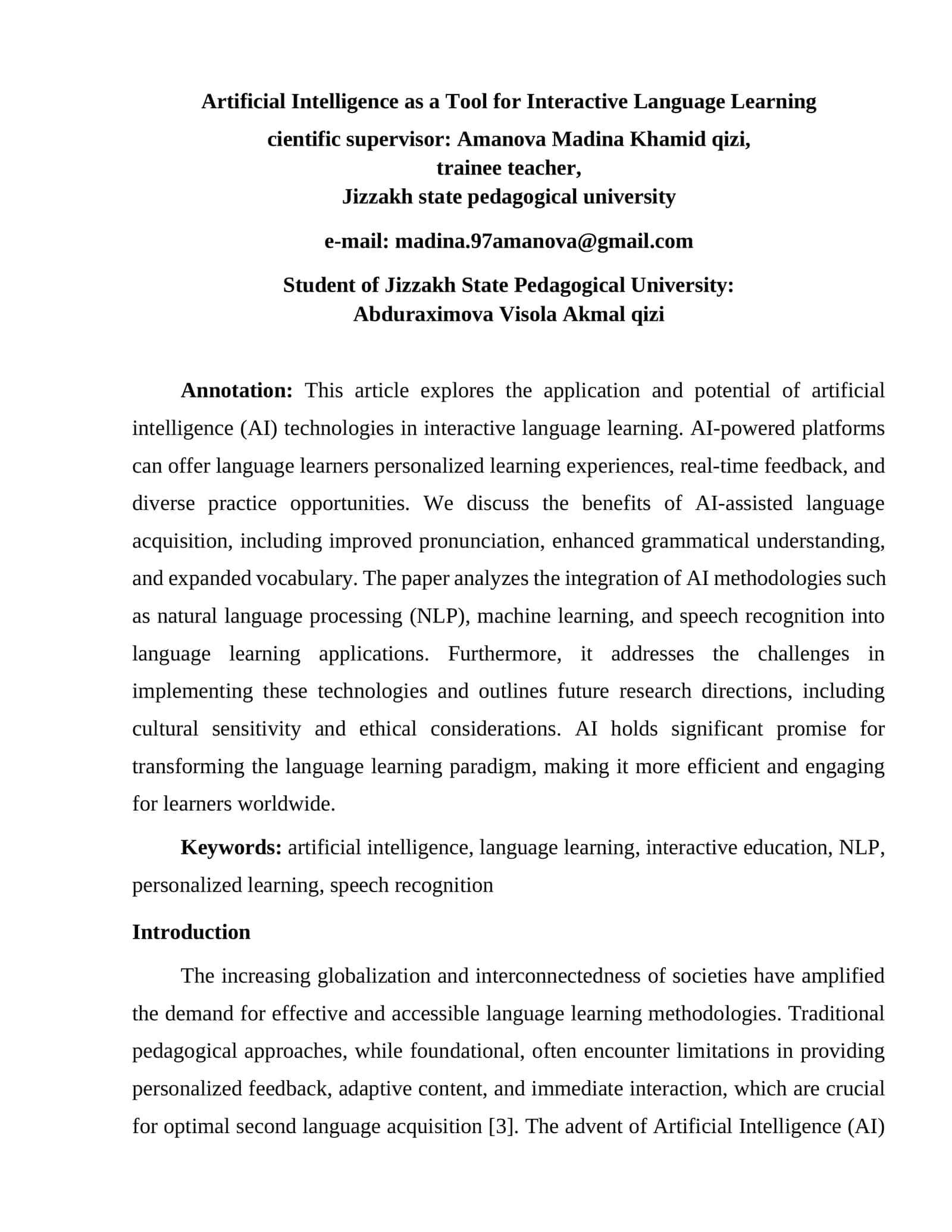 Artificial Intelligence as a Tool for Interactive Language Learning 1