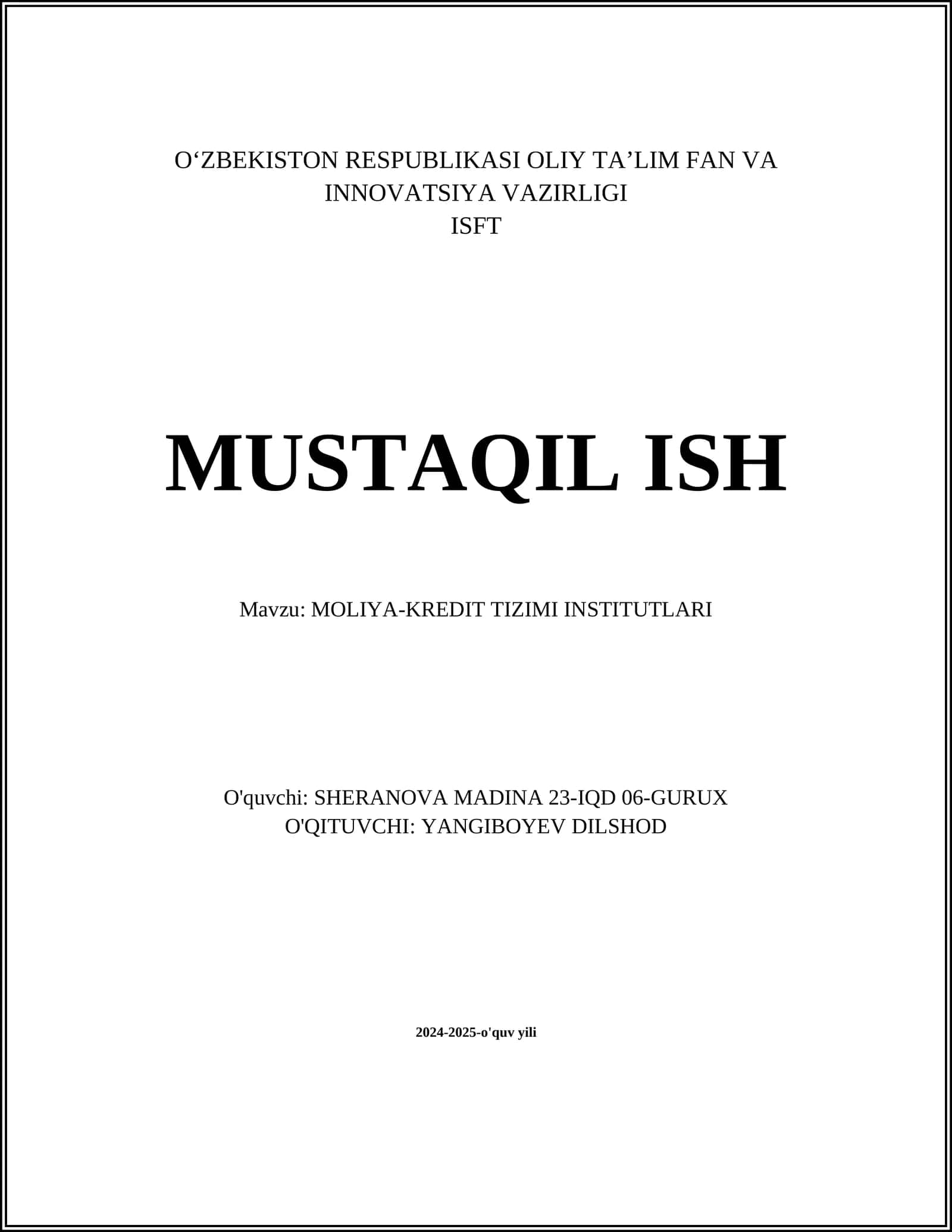 MOLIYA-KREDIT TIZIMI INSTITUTLARI 1