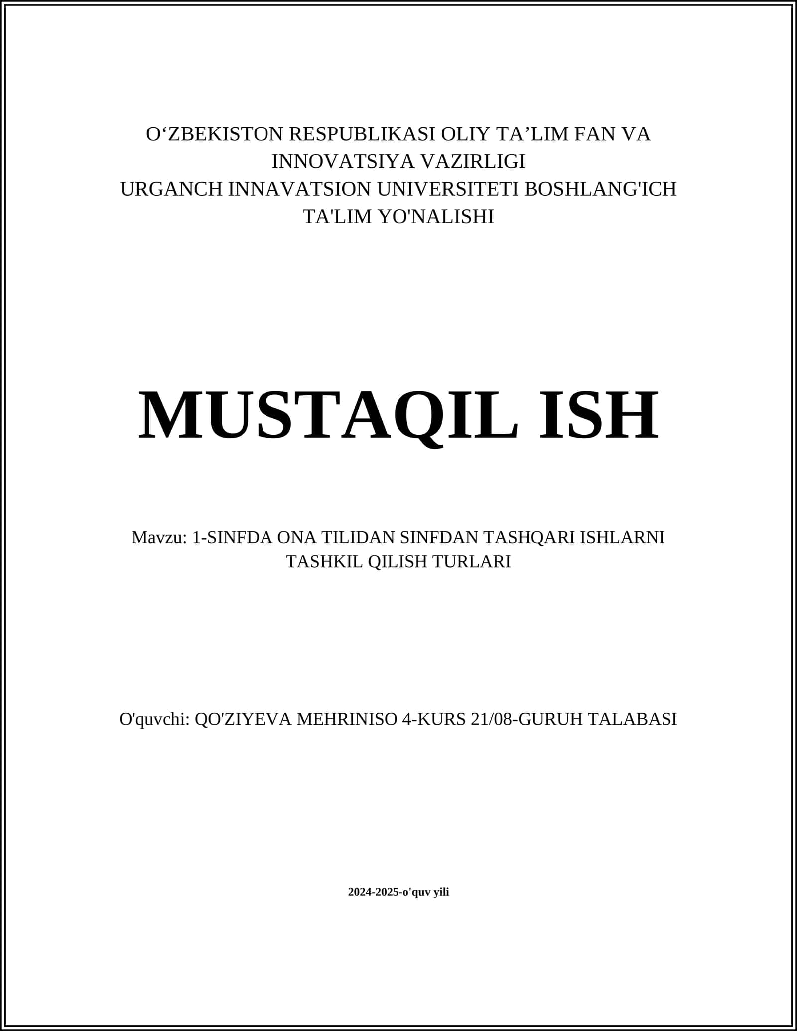 1-SINFDA ONA TILIDAN SINFDAN TASHQARI ISHLARNI TASHKIL QILISH TURLARI 1