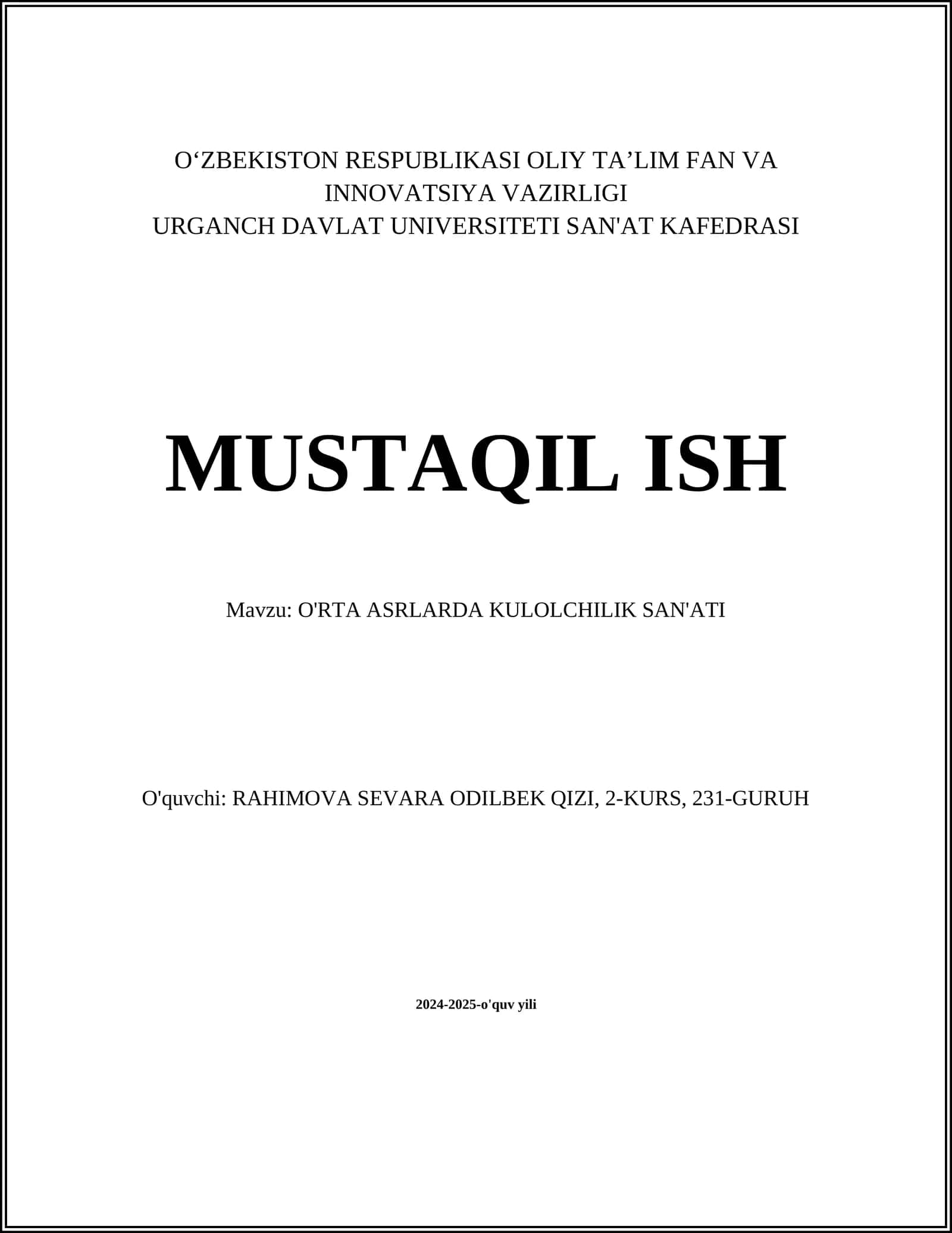O'RTA ASRLARDA KULOLCHILIK SAN'ATI 1
