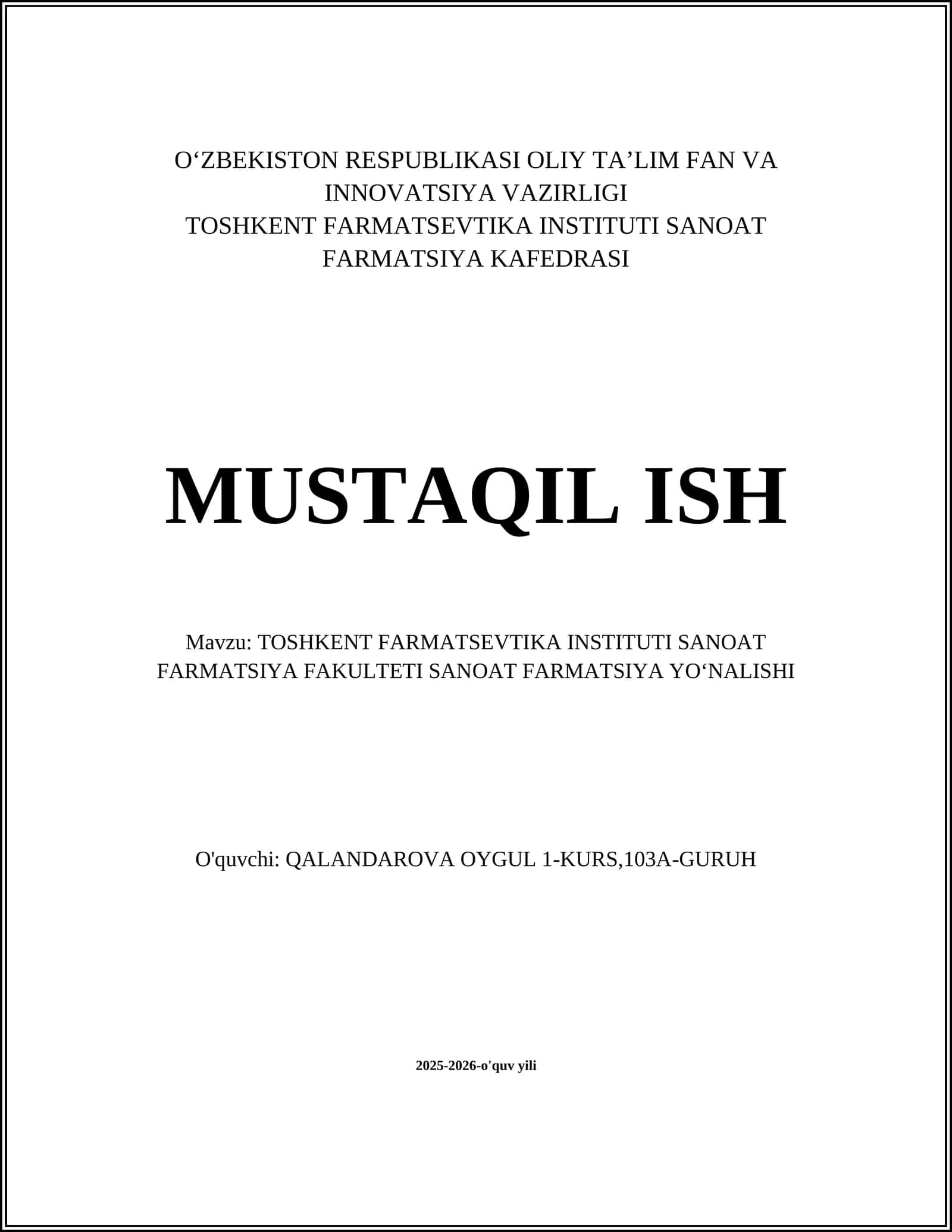 Sanoat Farmatsiya Yo'nalishi O'quv Dasturi 1