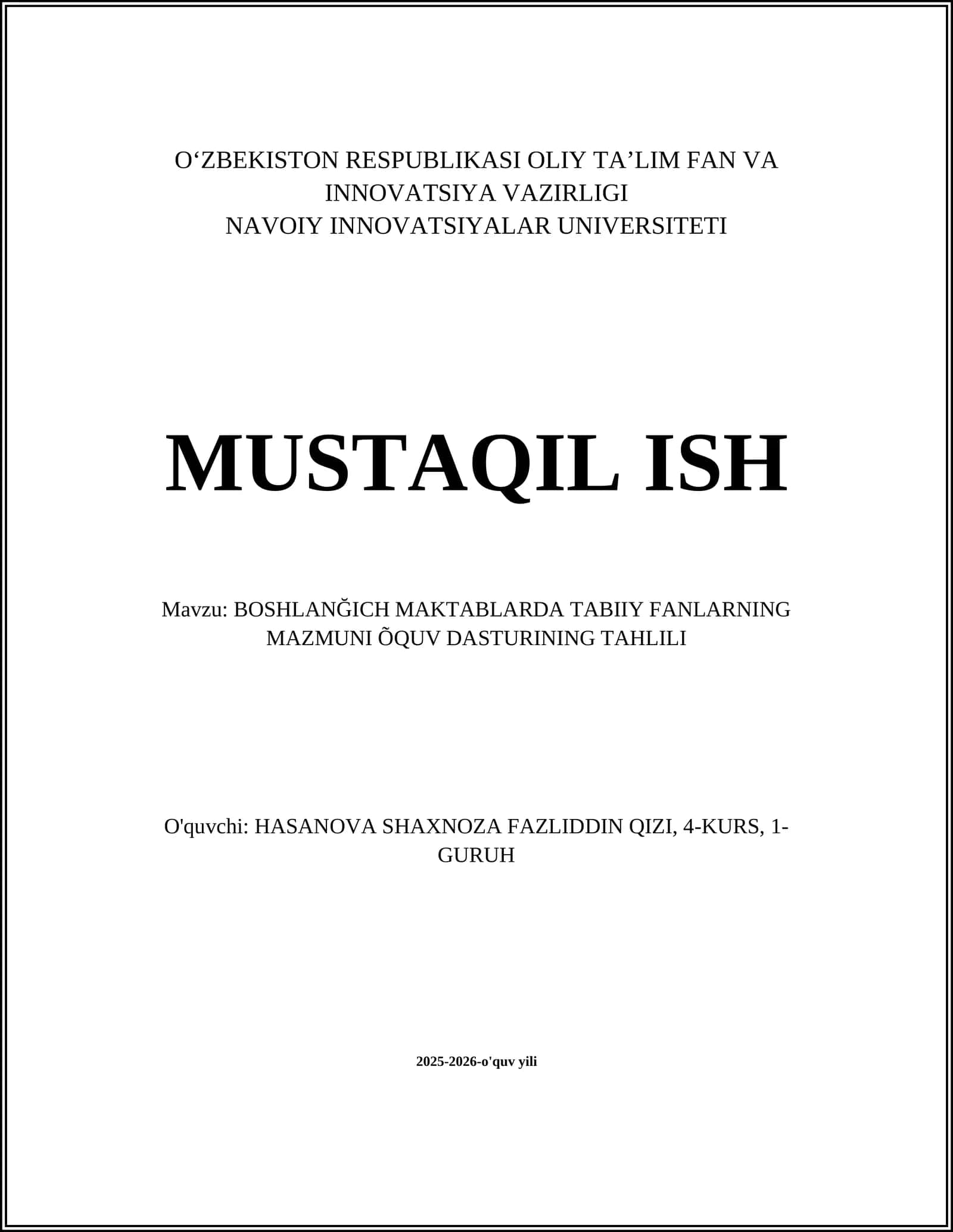 BOSHLANĞICH MAKTABLARDA TABIIY FANLARNING MAZMUNI ÕQUV DASTURINING TAHLILI 1