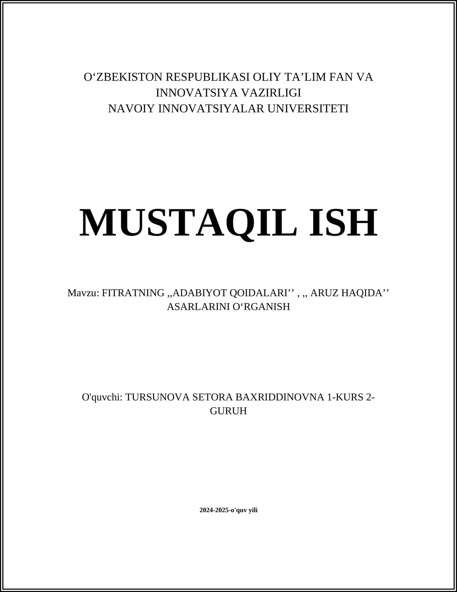 FITRATNING,,ADABIYOT QOIDALARI’’,,, ARUZ HAQIDA’’ ASARLARINI OʻRGANISH 1