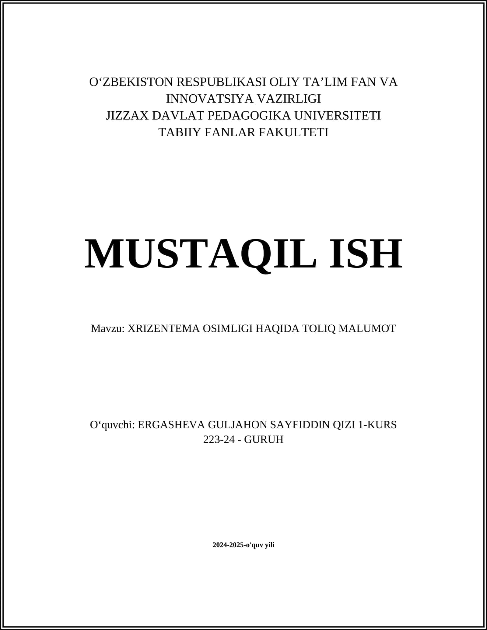 XRIZENTEMA OSIMLIGI HAQIDA TOLIQ MALUMOT 1