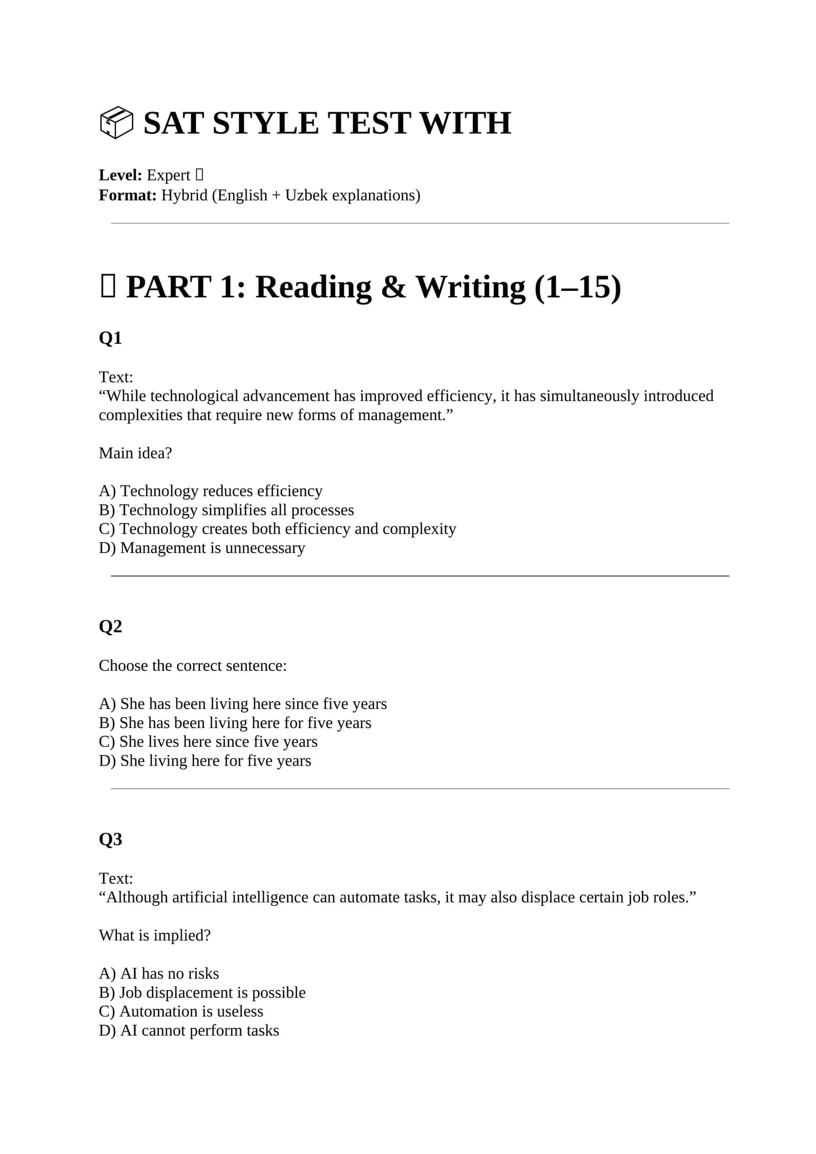 SAT STYLE TEST WITH ANSWERS 1