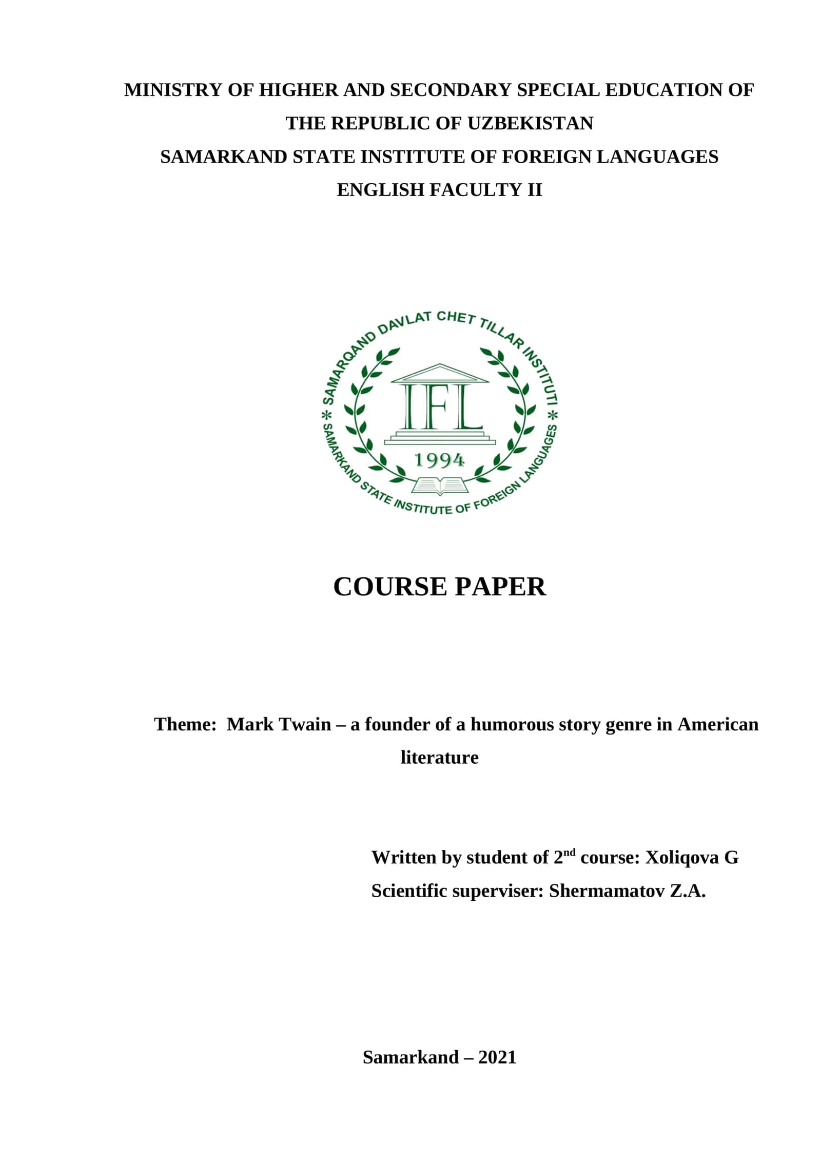 Cours paper on Mark Twain 1