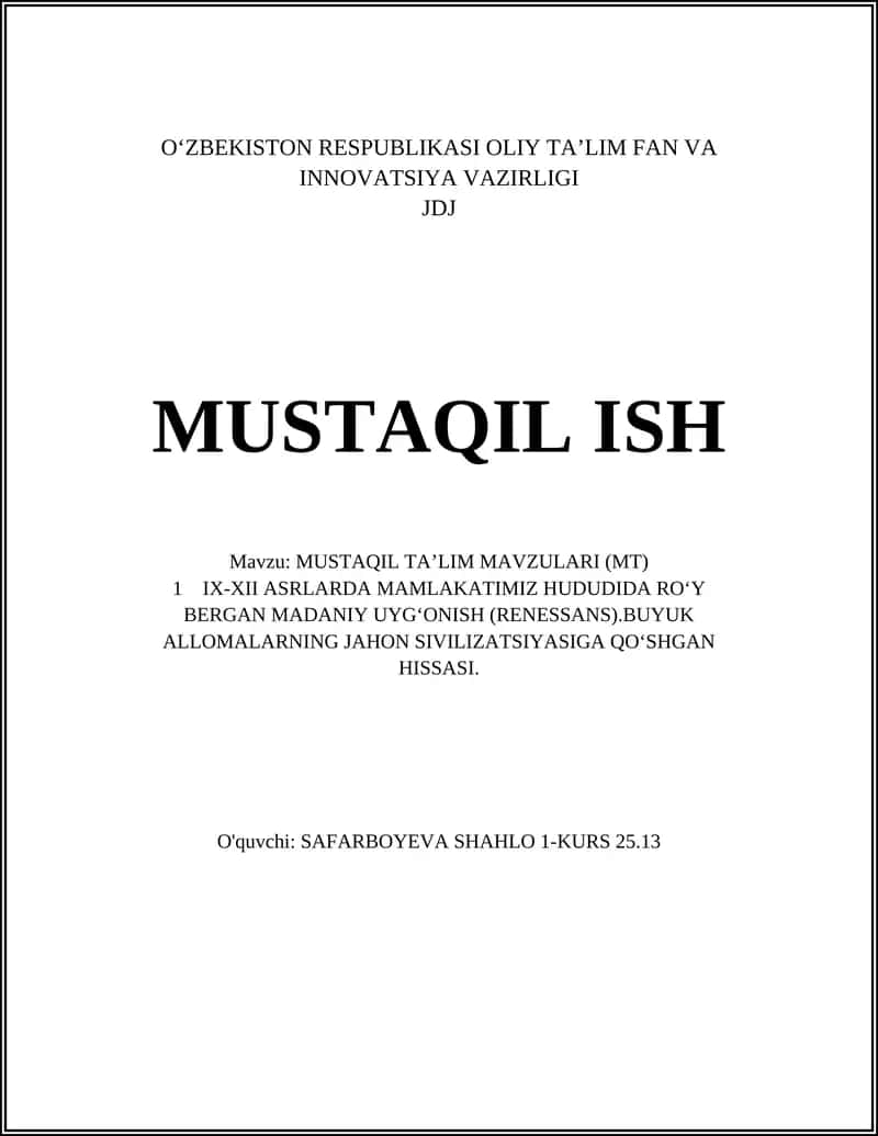 MUSTAQIL TA’LIM MAVZULARI (MT) 1