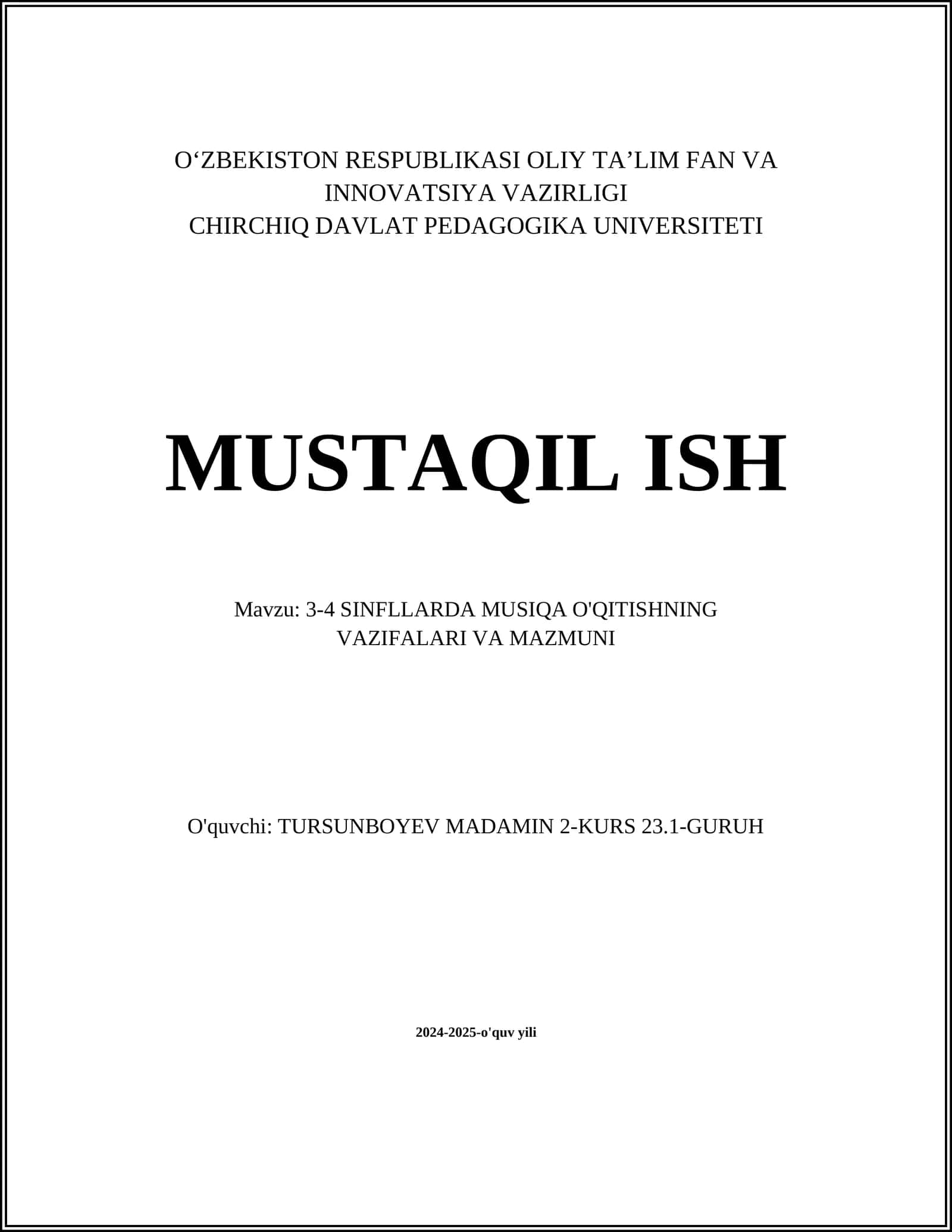MUSIQA O'QITISHNING VAZIFALARI VA MAZMUNI 1
