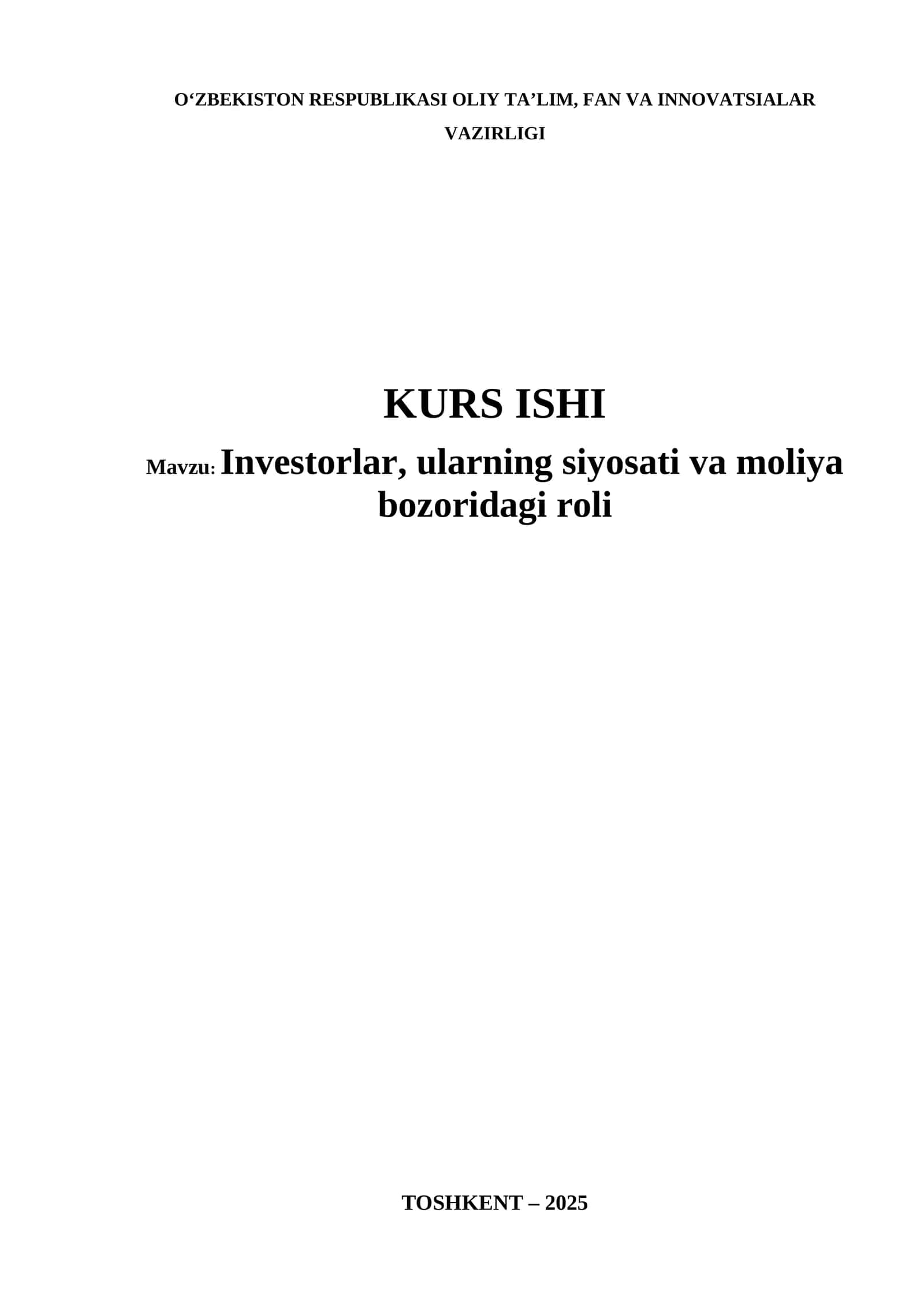 Investorlar, ularning siyosati va moliya bozoridagi roli 1