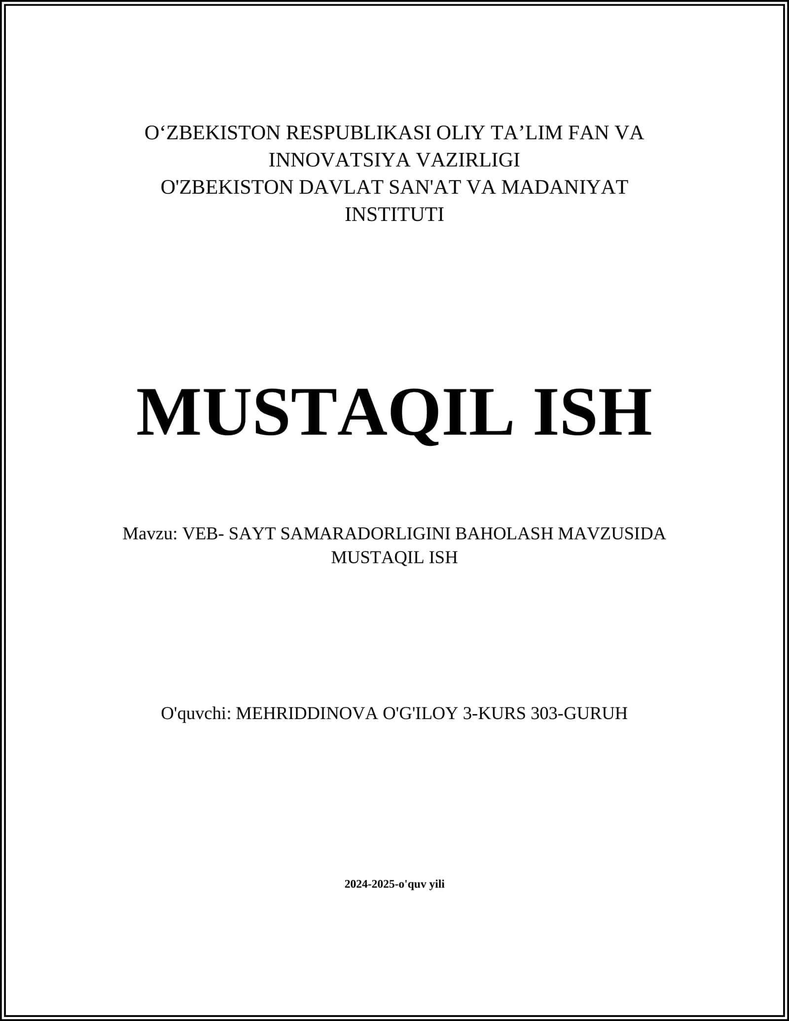 VEB- SAYT SAMARADORLIGINI BAHOLASH MAVZUSIDA MUSTAQIL ISH 1