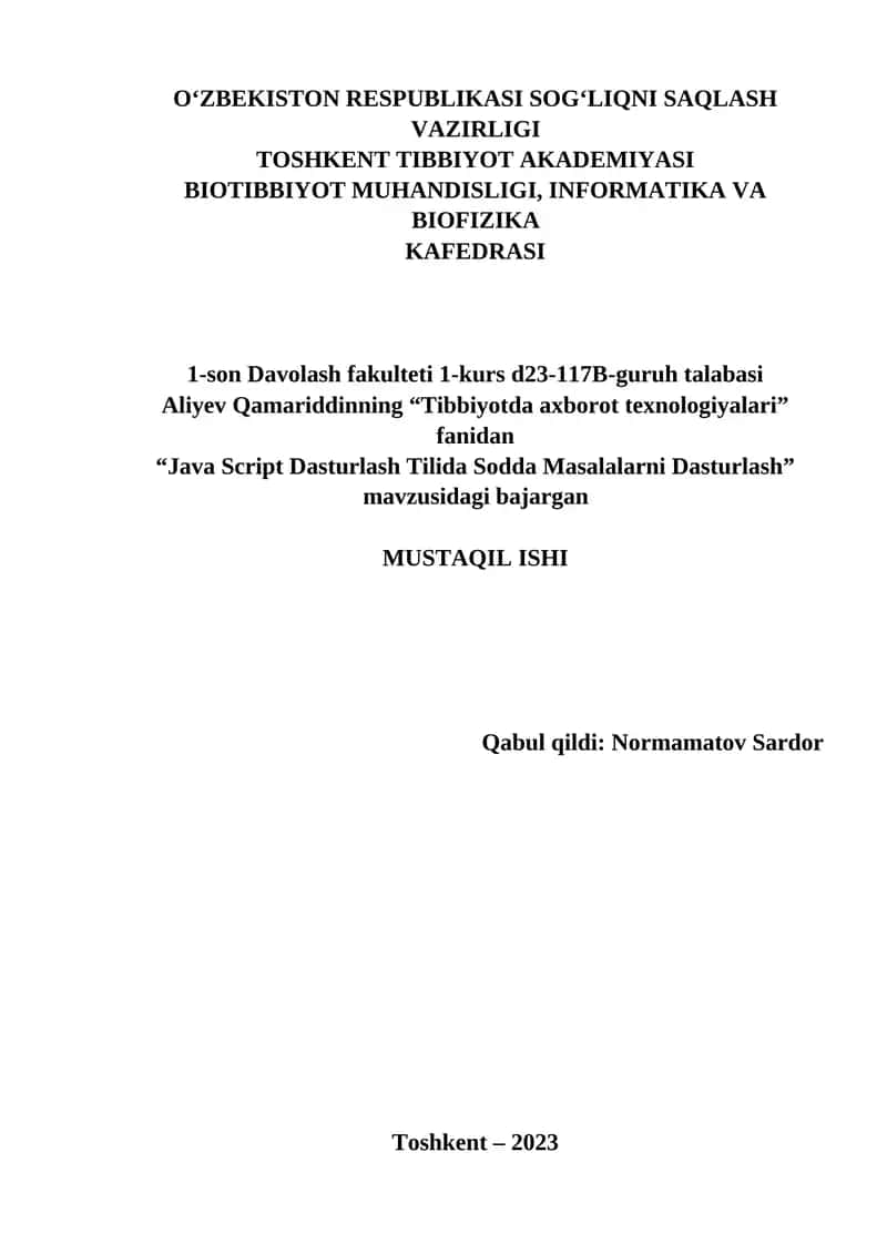 Java Script Dasturlash Tilida Sodda Masalalarni Dasturlash 1