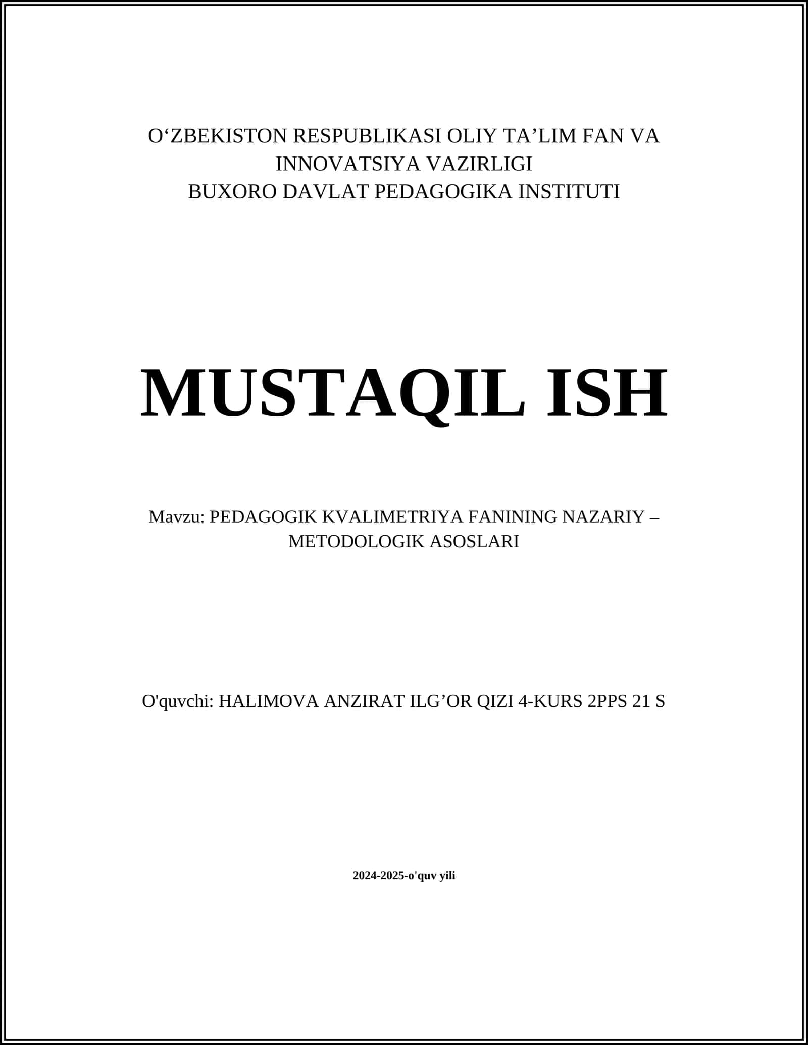 PEDAGOGIK KVALIMETRIYA FANINING NAZARIY – METODOLOGIK ASOSLARI 1