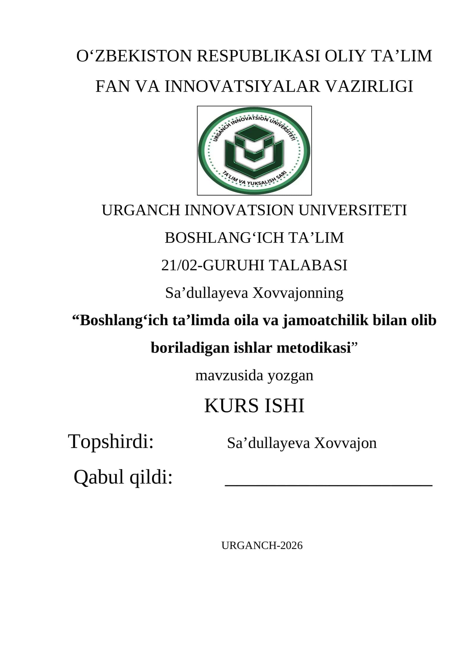 Boshlangʻich taʼlimda oila va jamoatchilik bilan olib boriladigan ishlar metodikasi 1