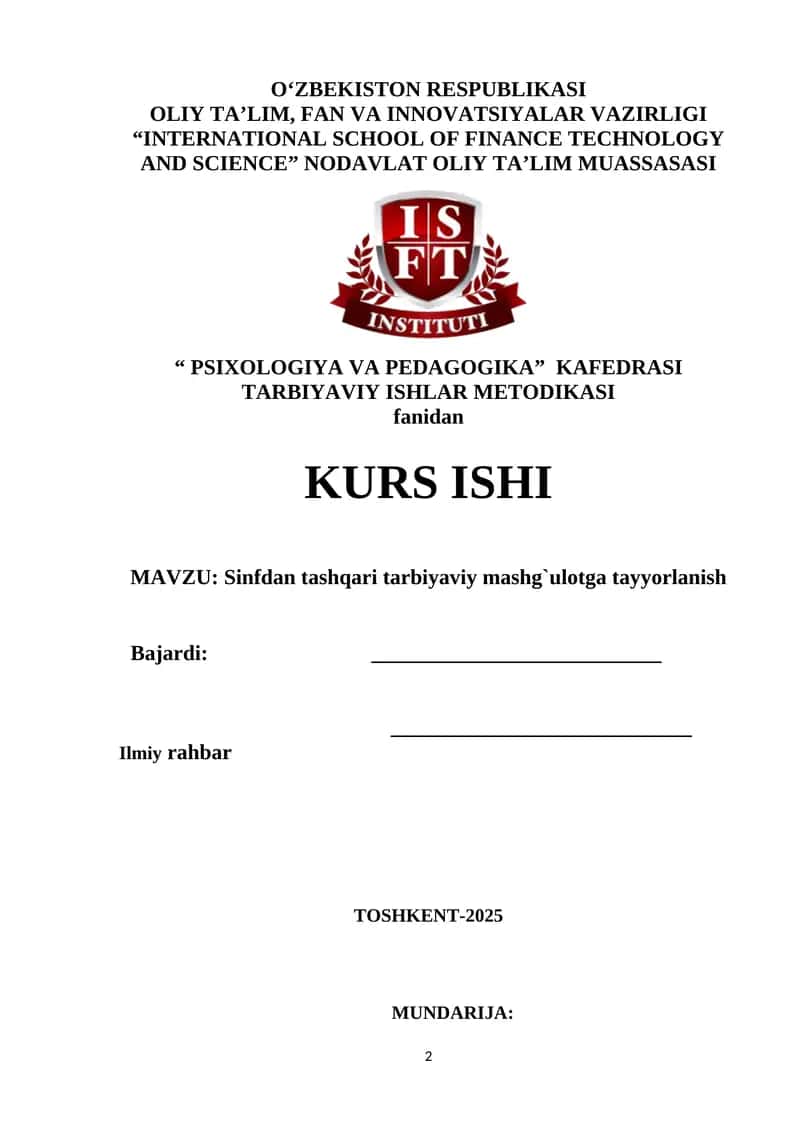 Sinfdan tashqari tarbiyaviy mashg`ulotga tayyorlanish 1