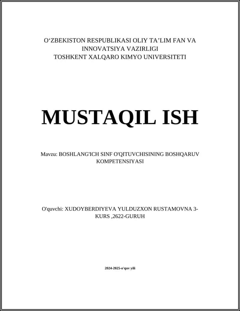 BOSHLANG'ICH SINF O'QITUVCHISINING BOSHQARUV KOMPETENSIYASI