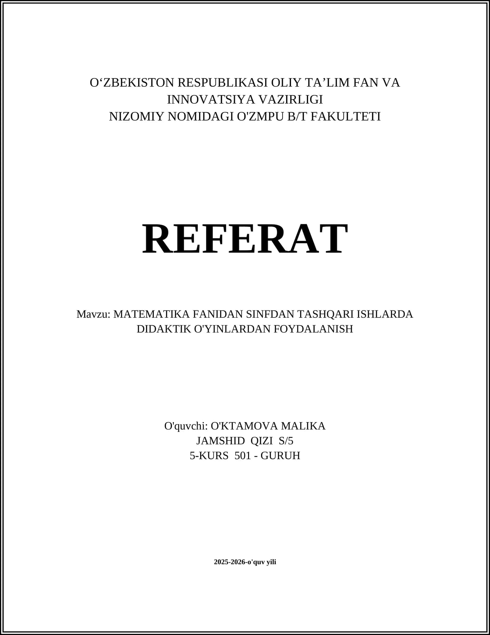 Matematika Fanidan Sinfdan Tashqari Ishlarda Didaktik O'yinlardan Foydalanish 1