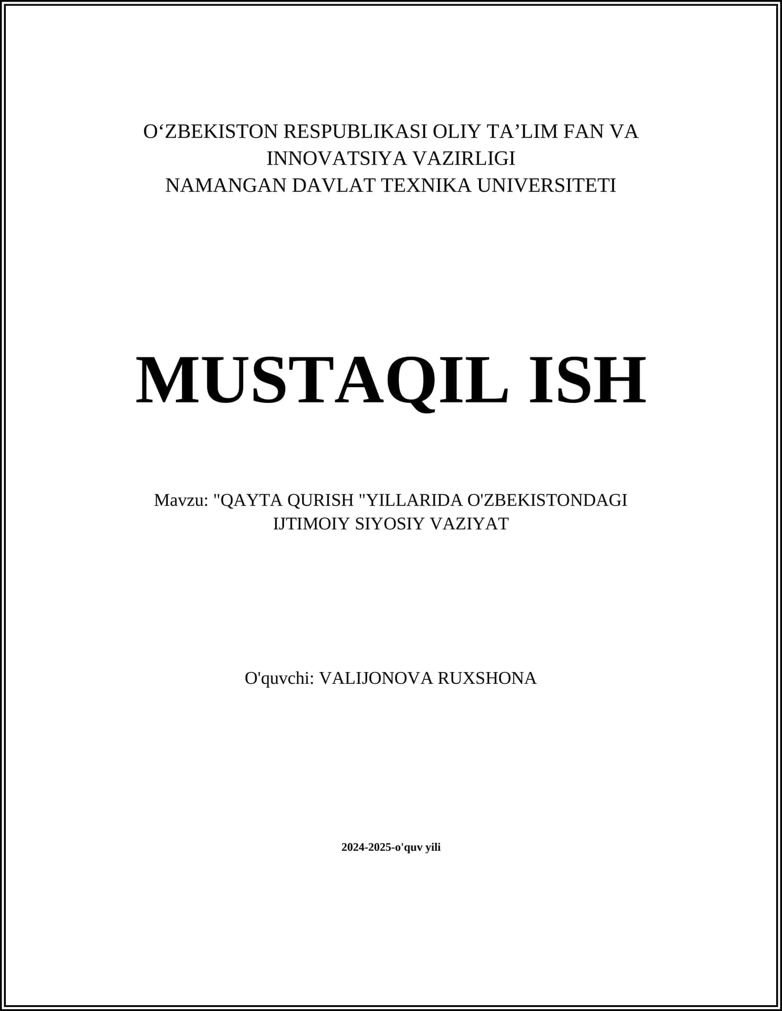 QAYTA QURISH "YILLARIDA O'ZBEKISTONDAGI IJTIMOIY SIYOSIY VAZIYAT 1