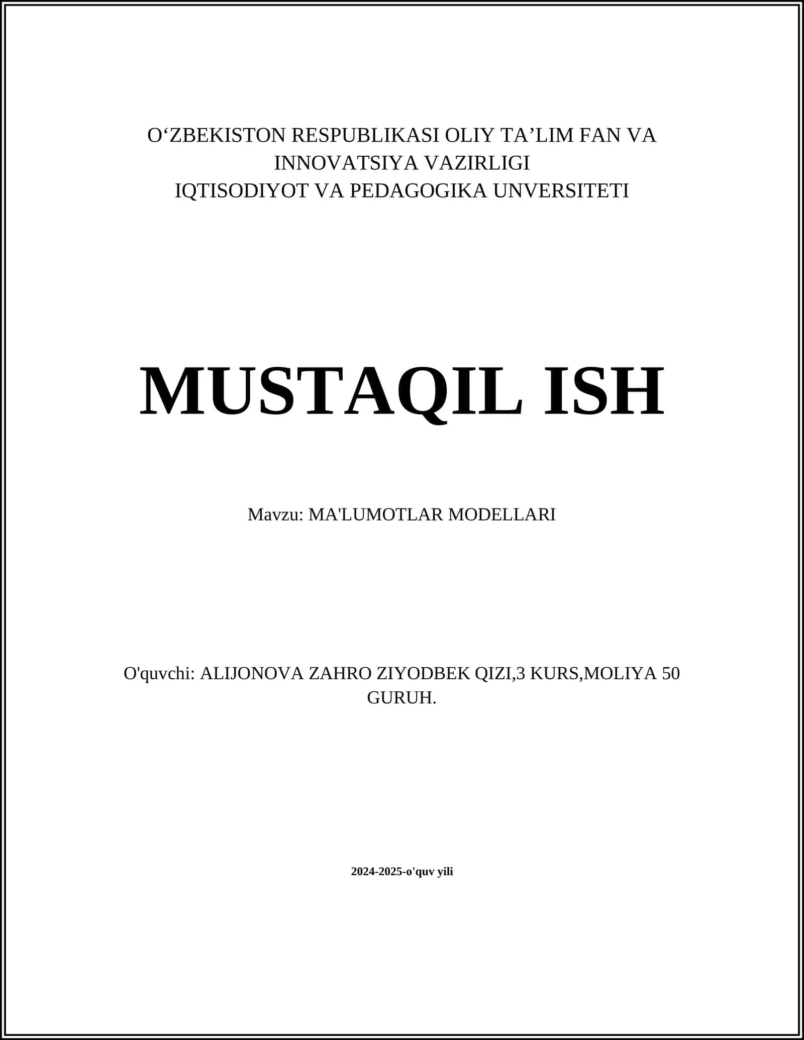 MA'LUMOTLAR MODELLARI 1