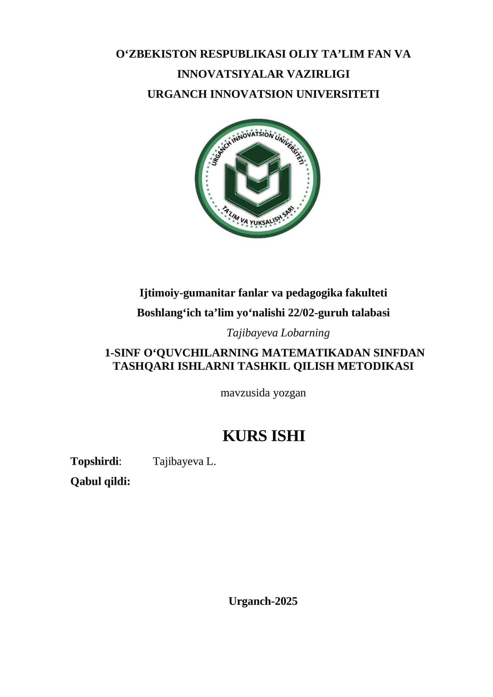 1-SINF O‘QUVCHILARNING MATEMATIKADAN SINFDAN TASHQARI ISHLARNI TASHKIL QILISH METODIKASI 1