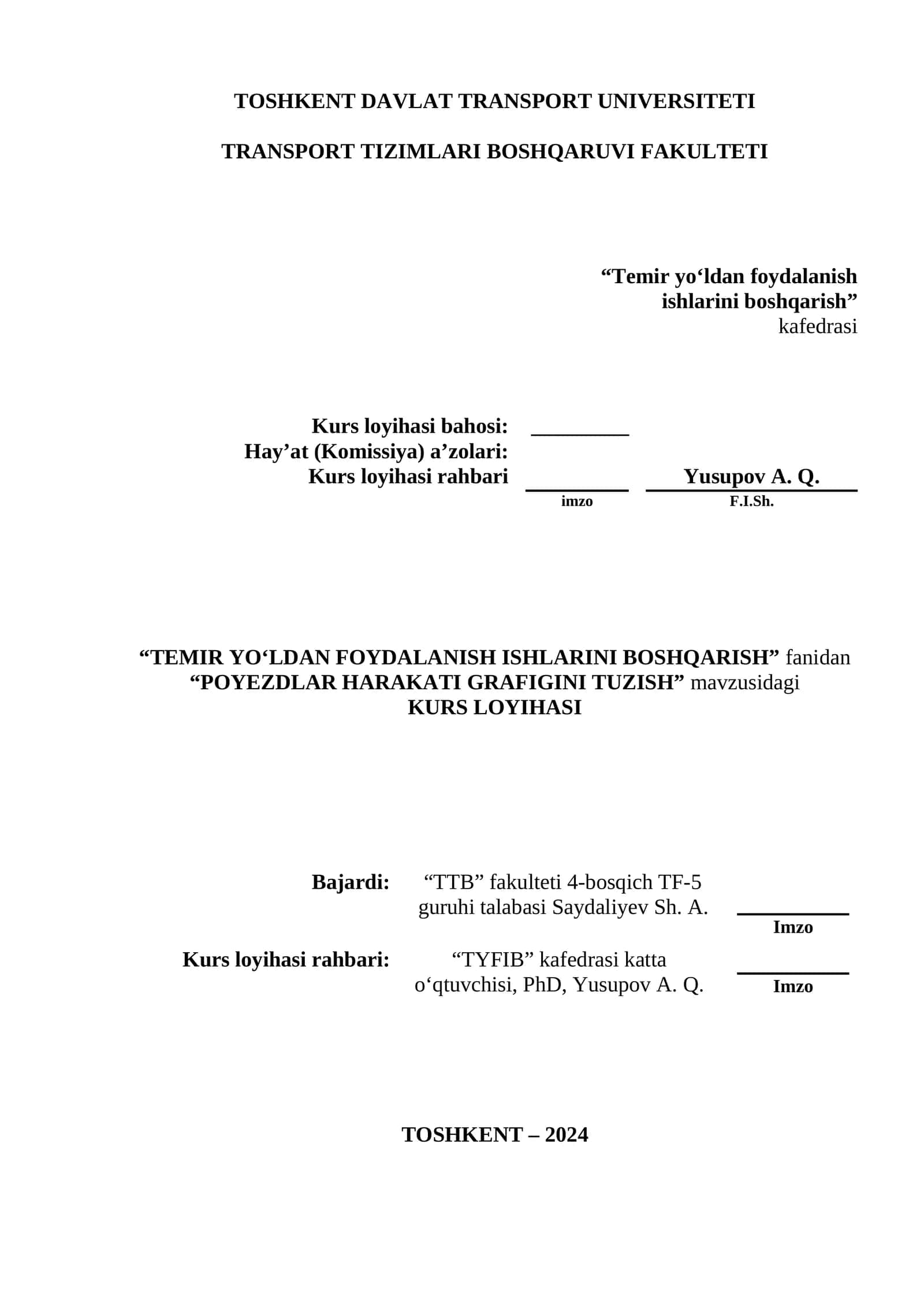 Poyezdlar harakati grafigini tuzish KURS LOYIHASI 1